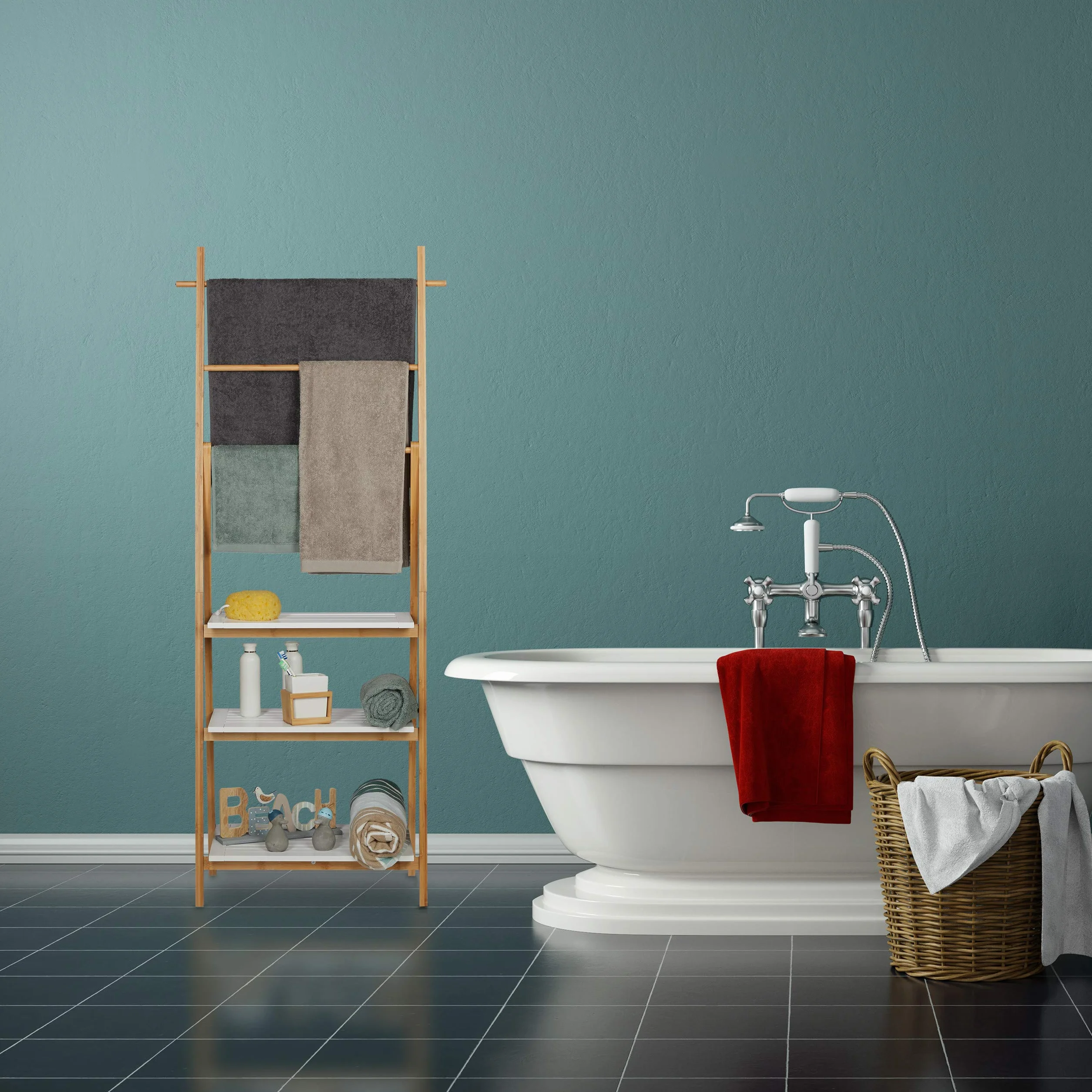 Relaxdays Portasciugamani da Terra, Bambù e MDF, 3 Aste e Ripiani, 150x50x30 cm, Naturale Bianco