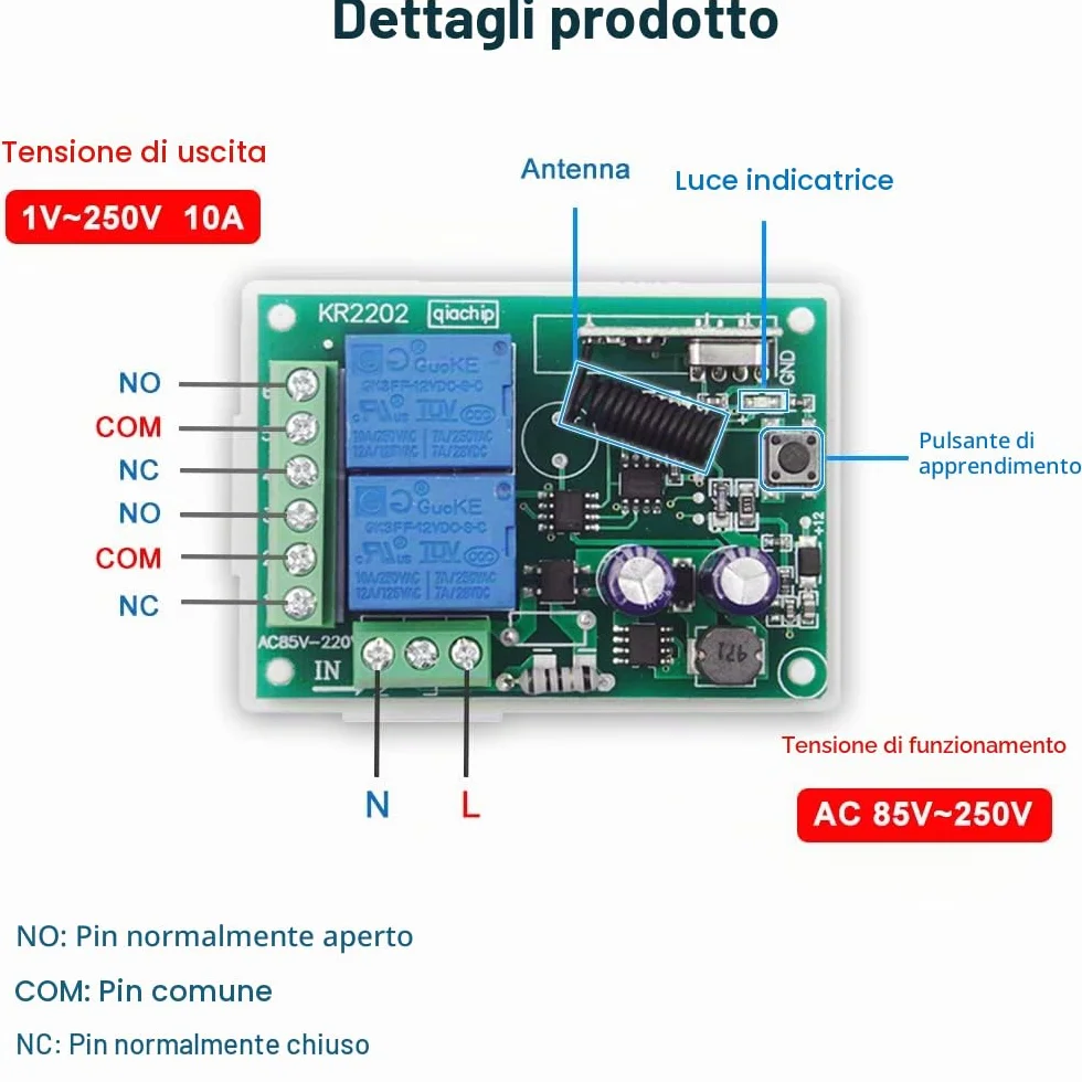 QIACHIP AC 220-240V Interruttore di Controllo Remoto Wireless 433MHz RF 2 Canali Ricevitore Relè con 2 Telecomandi
