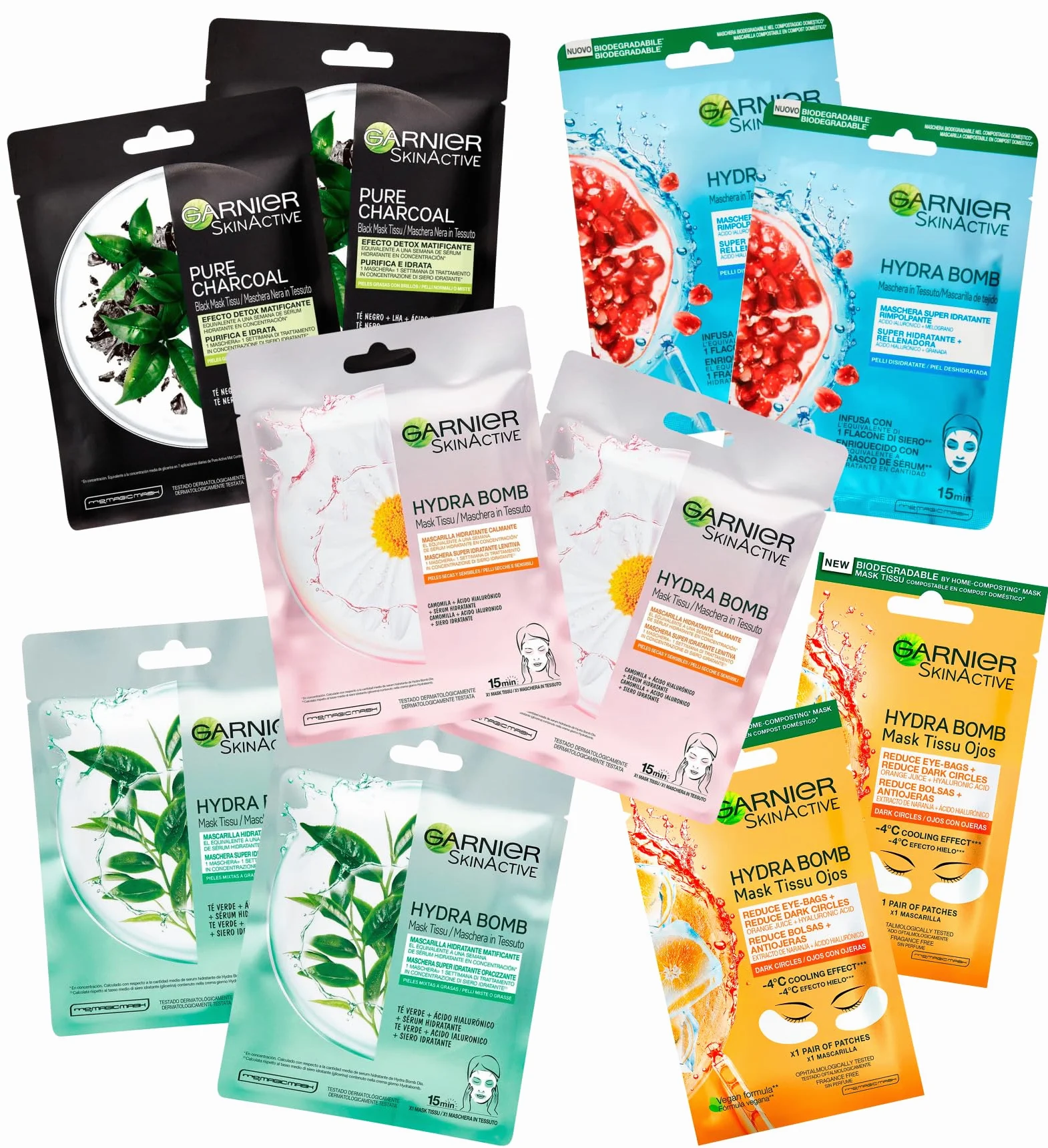 Garnier Maschera in Tessuto HydraBomb 10 Maschere in Tessuto Ognuna con un Effetto Diverso Per la Cura della Pelle - Confezione da 10