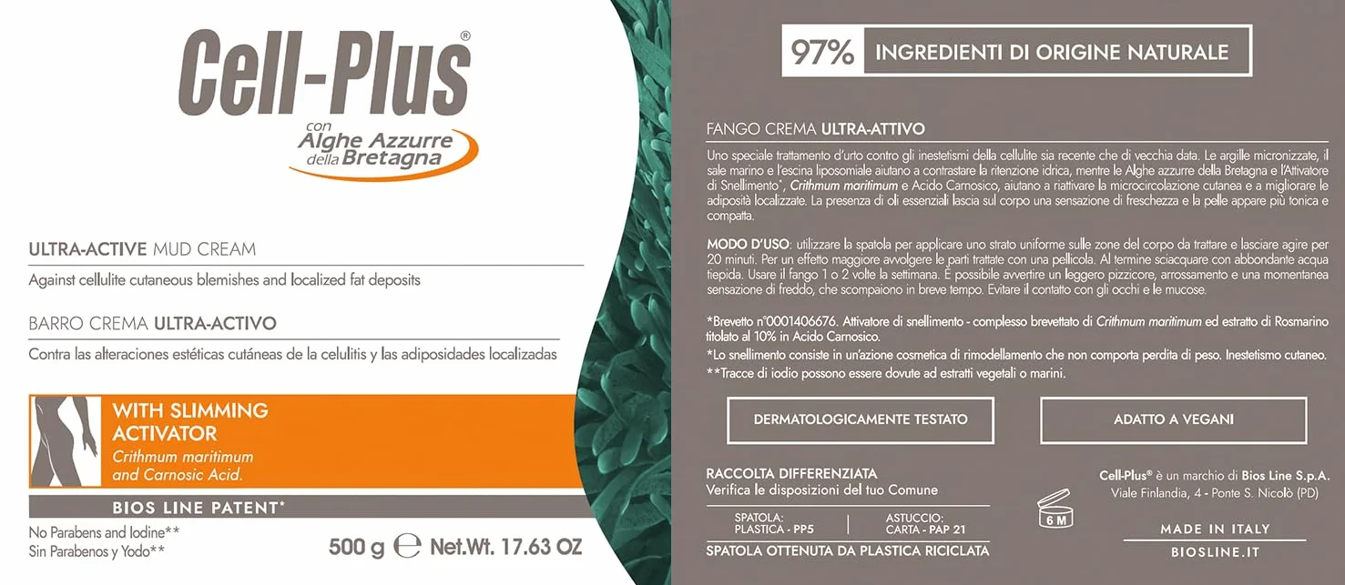 CELL PLUS Fango Crema Ultra-Attivo 500g, Trattamento Contro Cellulite e Adiposità Localizzate, Riequilibra Microcircolazione