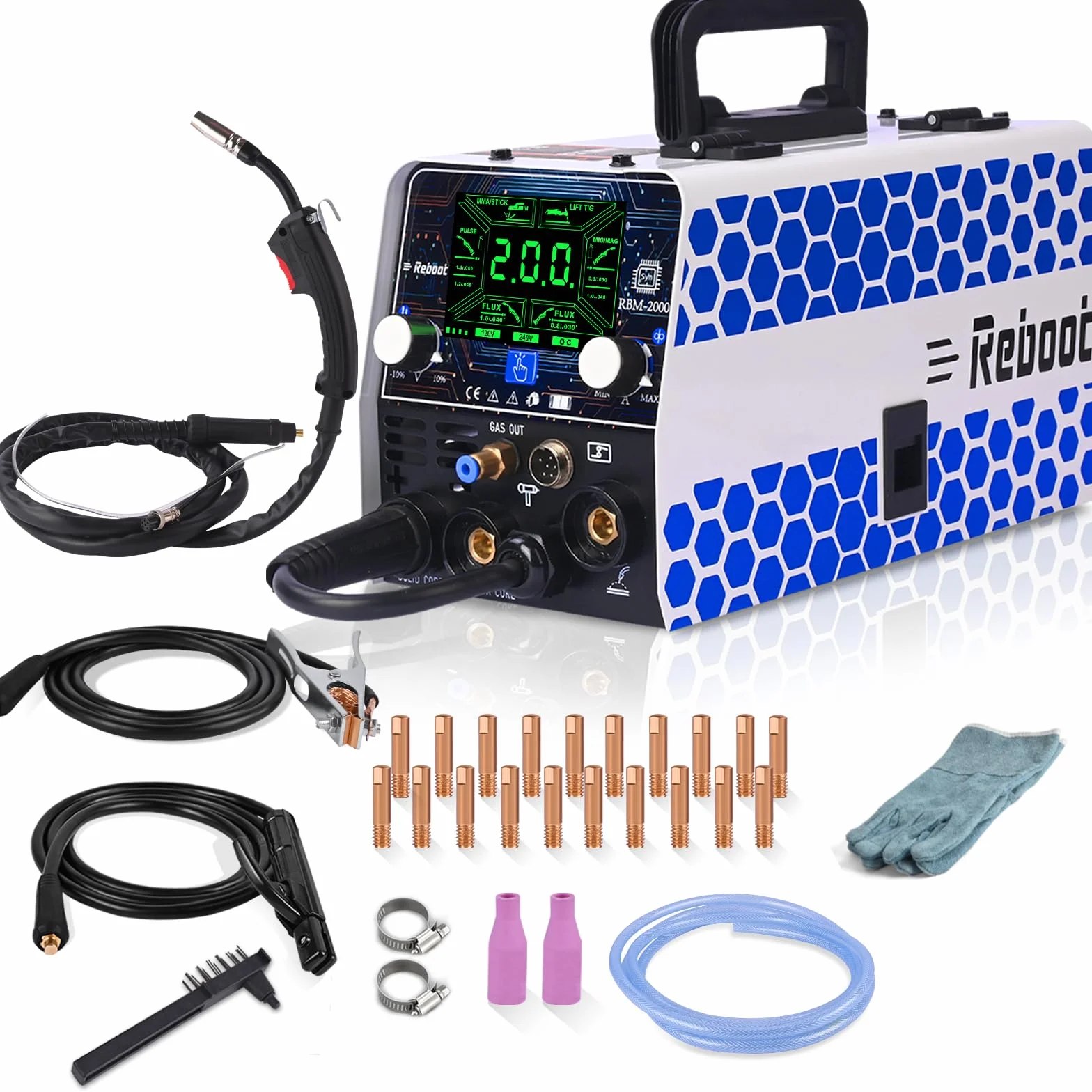 Reboot RBM2000 PRO Saldatrice MIG 200A 5 in 1 Inverter Sinergico MIG Gas/Gasless MMA Lift TIG Spot Display LED