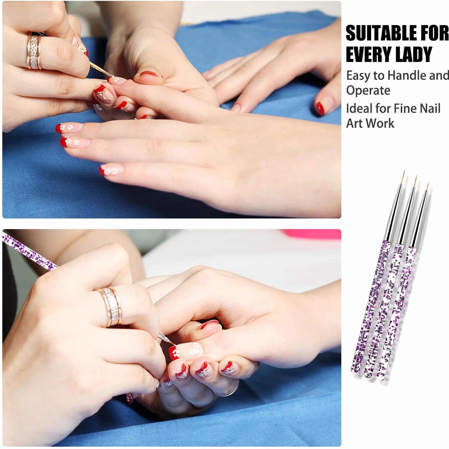 Hanyousheng Pennelli per Unghie,3pc Pennelli per Nail Art Professionali,Per Disegnare Linee Fini Attrezzo per gel UV Disegno Fodera Pennelli Unghie Strumenti Manicure