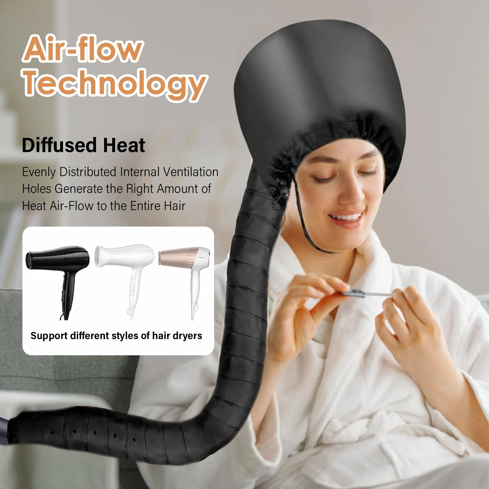 Casco per Asciugacapelli con Bonnet Elastico, Asciugatura Profonda per Capelli Ricci, Riscaldato per Cura Intensiva (Nero)