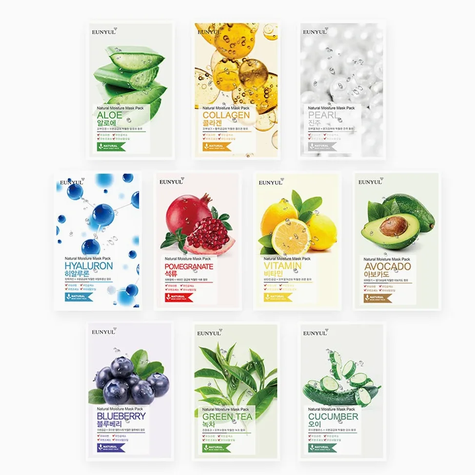 Eunyul Maschera in tessuto naturale Confezione Maschera Coreana Aloe, Collagene, Perla, Ialurone, Avocado, Melograno, Vitamina, Mirtillo, Tè Verde, Cetriolo, Confezione da 10