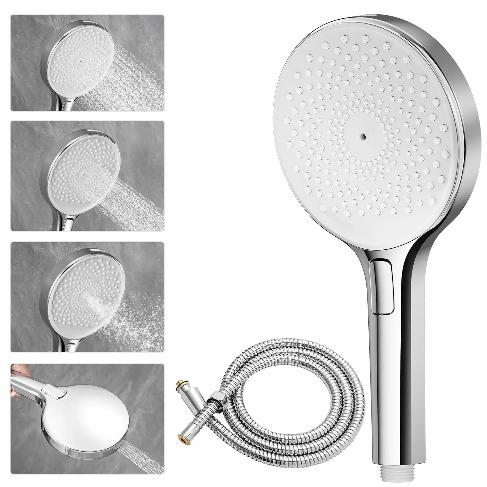 Auralum Soffione Doccia Anticalcare 140 mm - Alta Pressione 4 Modalità Regolabili Risparmio Idrico - Ugelli Silicone Autopulenti Cromato Bianco