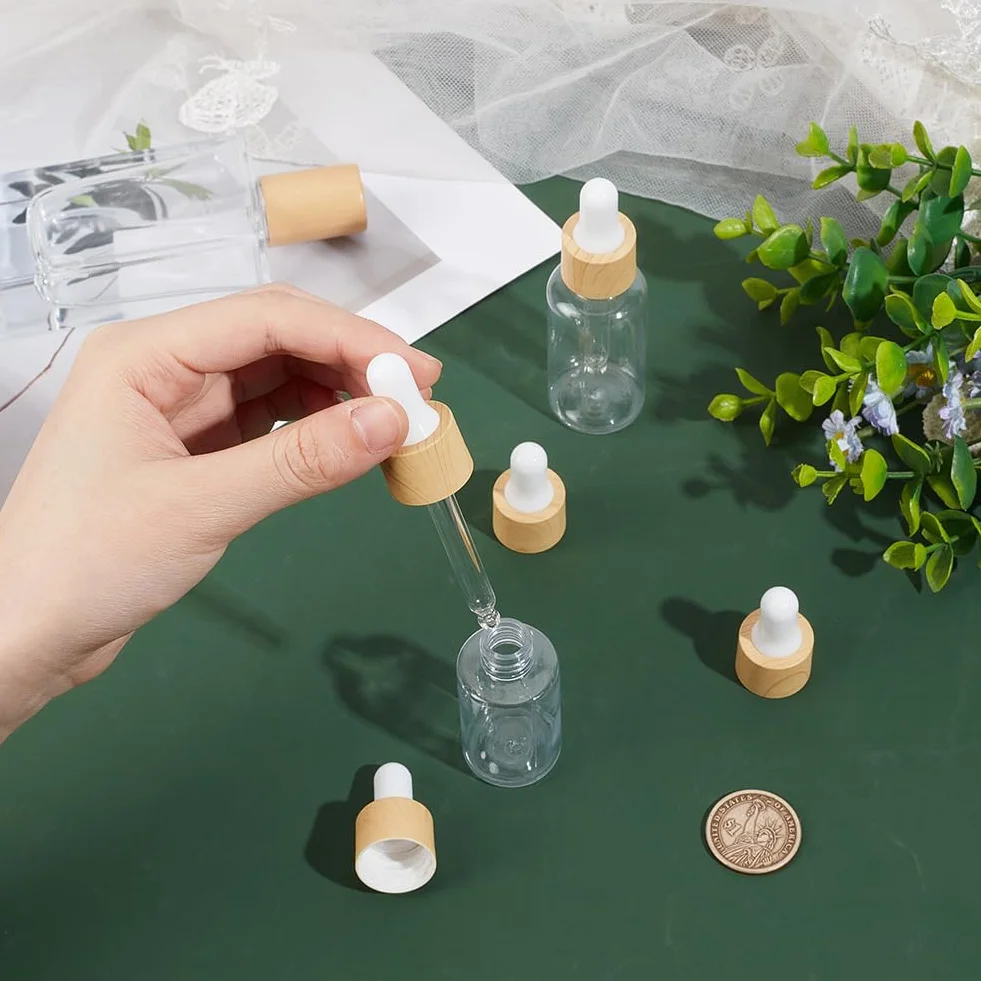 BENECREAT 10 set Contagocce In Vetro, Contagocce per Olio con Coperchio Rotante A Pressione Da 20 ml, Pipetta Contagocce In Vetro con Venature In Finto Legno per Flaconi di Olio Essenziale