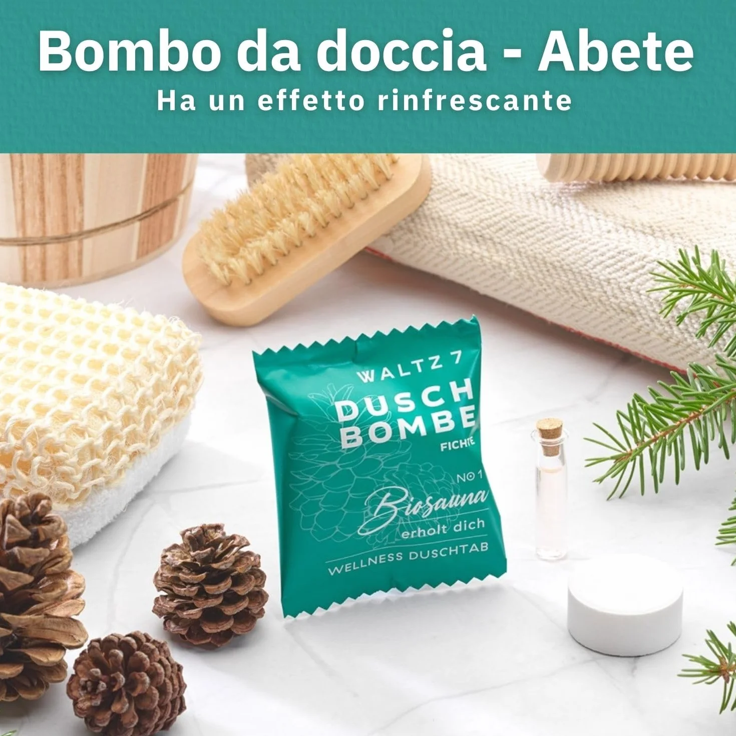WALTZ 7 Set di Bombe da Doccia all’Abete Rosso, Bombe da Bagno con Olio Essenziale di Pino per il Benessere e il Relax, Vegane per Aromaterapia, Effetto Calmante e Rigenerante, Confezione da 6