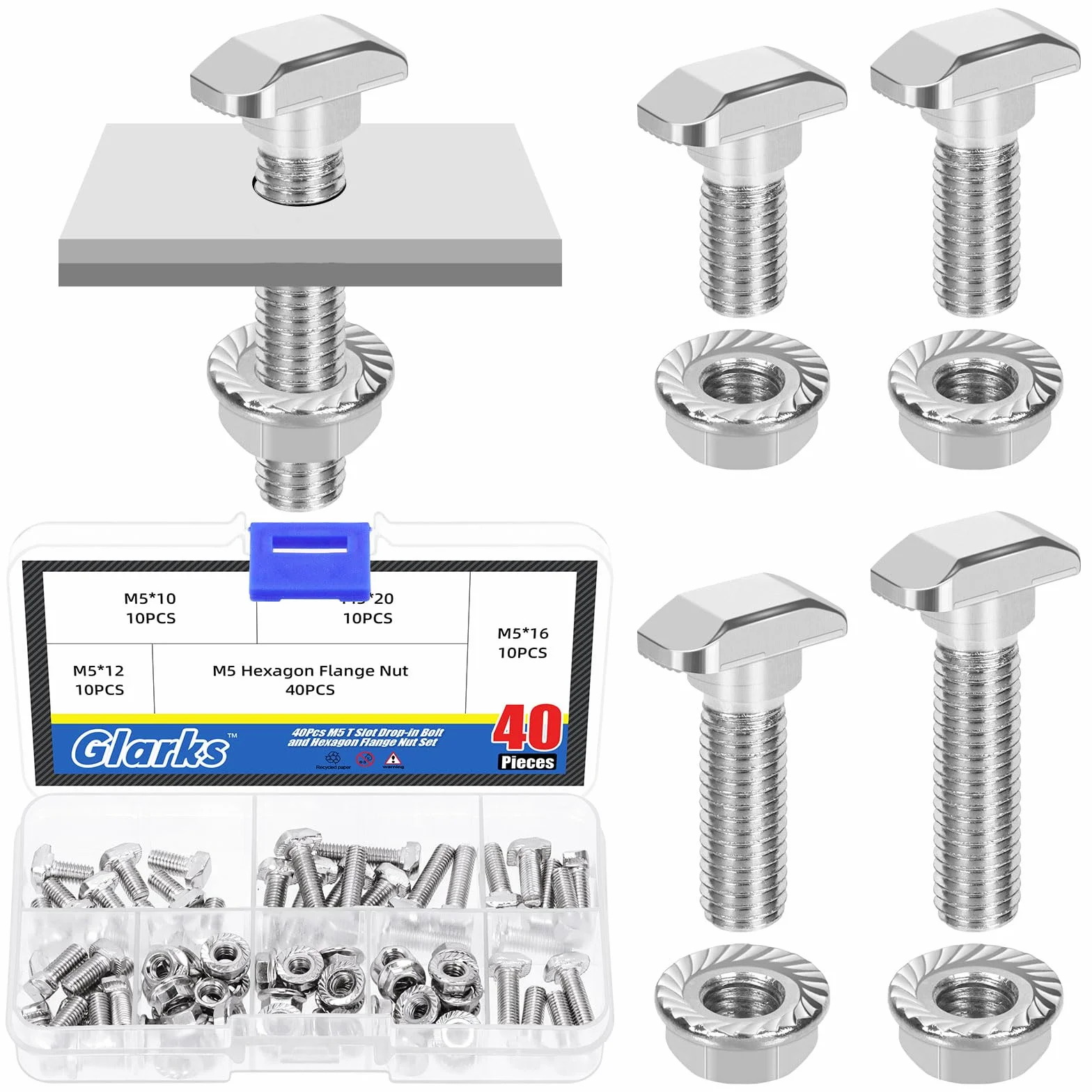 Glarks 80pz M5 Vite a T con Scanalatura e Dado a Esagono Set, 10-20MM Vite a T con Testa a Martello