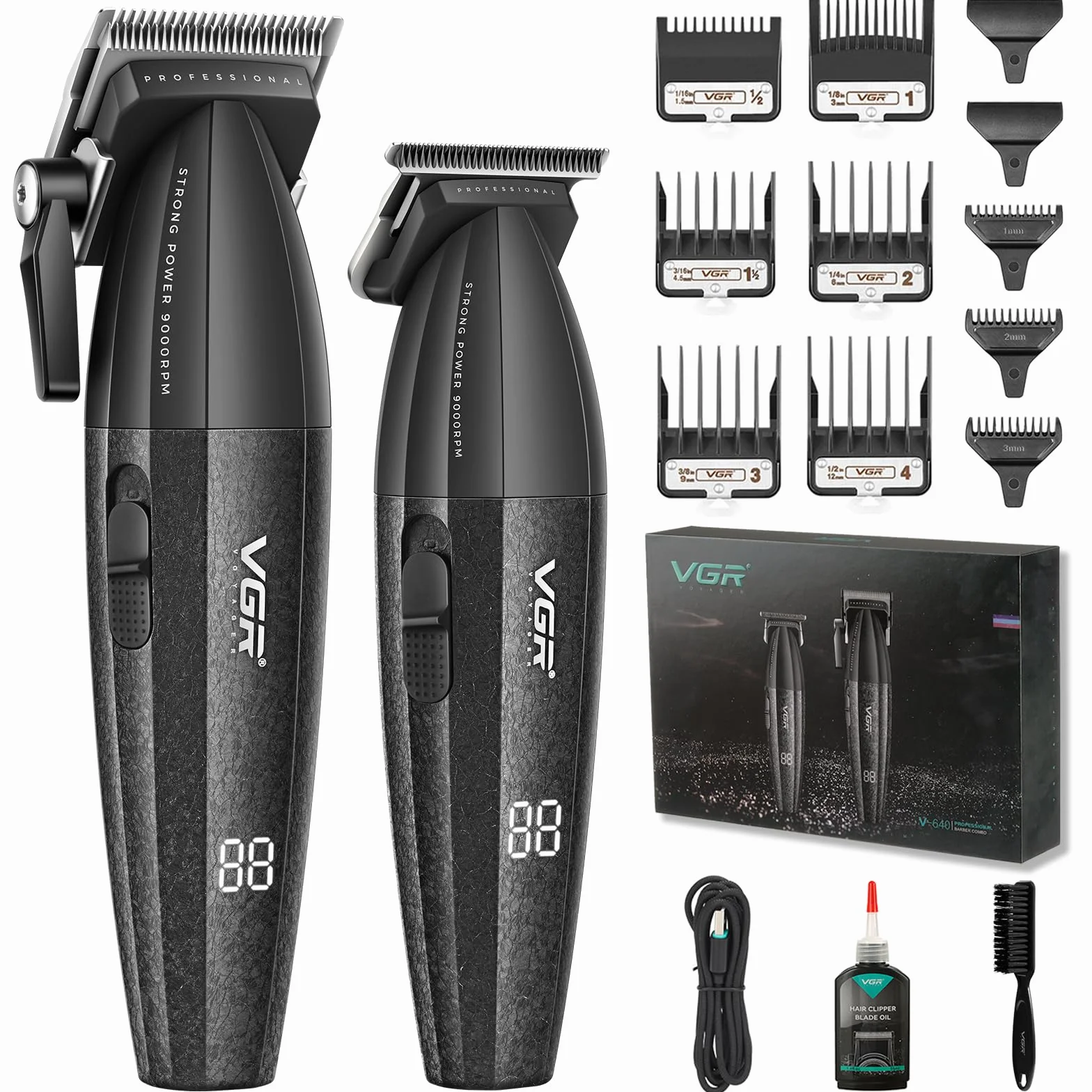 VGR 640 Tagliacapelli Professionale Per Uomo, Set Di Tagliacapelli E Trimmer Senza Fili, Zero Gap T-Blade, Lama In Ceramica DLC, Kit Barbiere Di Alta Qualità Con Display LED (Nero)