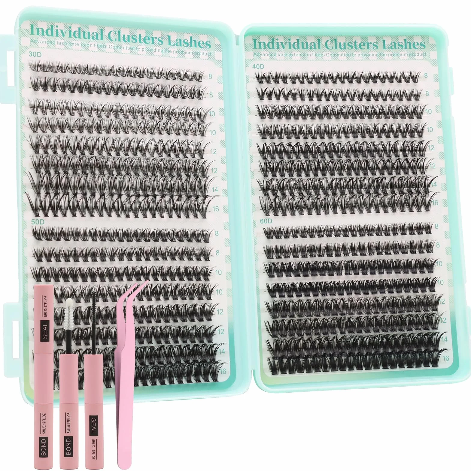 VEGCOO 640 Pezzi Ciglia Finte Extension Ciglia, 30D-40D-50D-60D Curl Ciglia Finte Ciuffetti, 8-16mm Kit di Extension per Ciglia, DIY Eyelash Extension per Donne Principianti,Confezione regalo verde