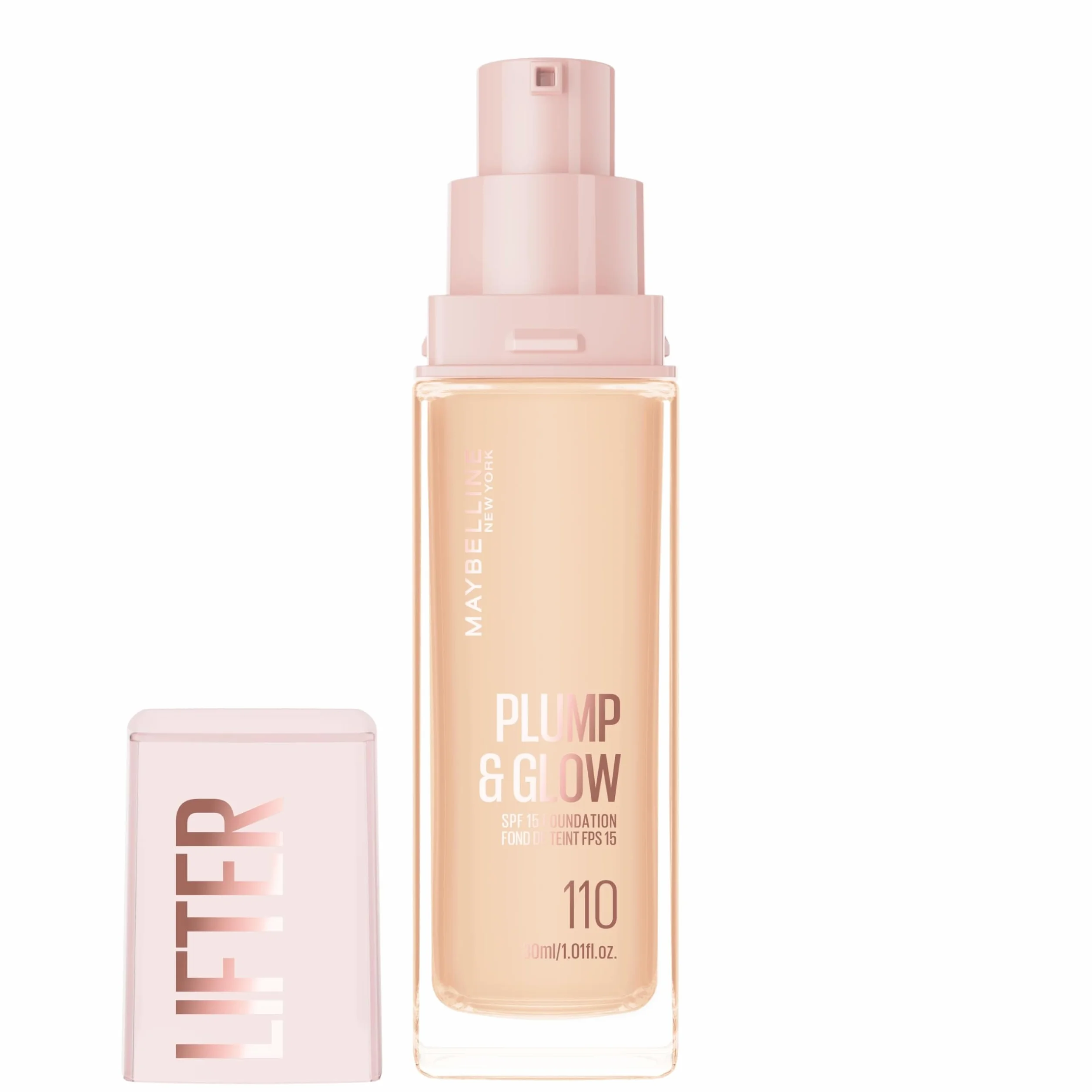 Maybelline New York Fondotinta Illuminante, Per Tutti i Tipi di Pelle, Pelle Rimpolpata e Radiosa, Finish Naturale, Con Acido Ialuronico e Niacinamide, Lifter Plump and Glow, Tonalità: 110, 30 ml