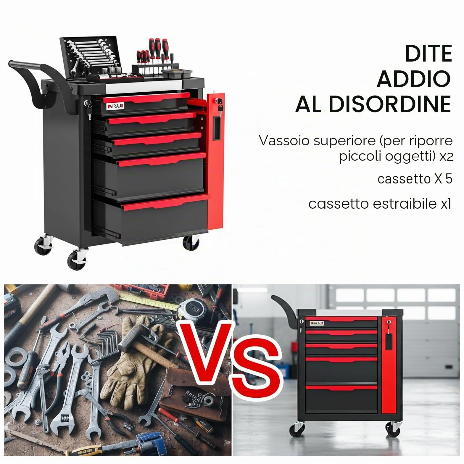 AIRAJ carrello porta attrezzi 5 cassetti con ruote per garage officina