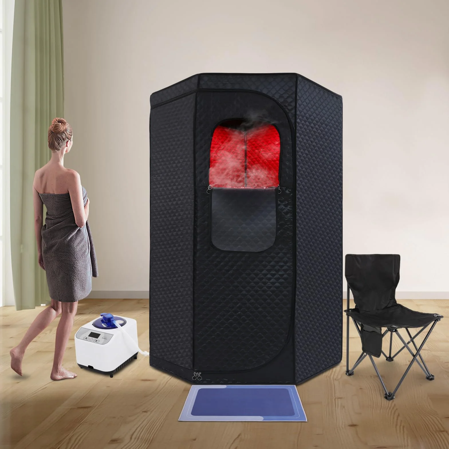 Tenda sauna a vapore infrarossi con sedia pieghevole e caldaia 1500 W per casa e spa