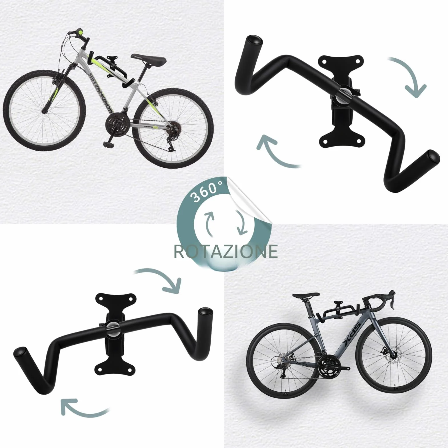 Porta Bici da Muro 30 kg 360° Girevole Estraibile Pieghevole 90° Protezione Schiuma EVA 8 mm