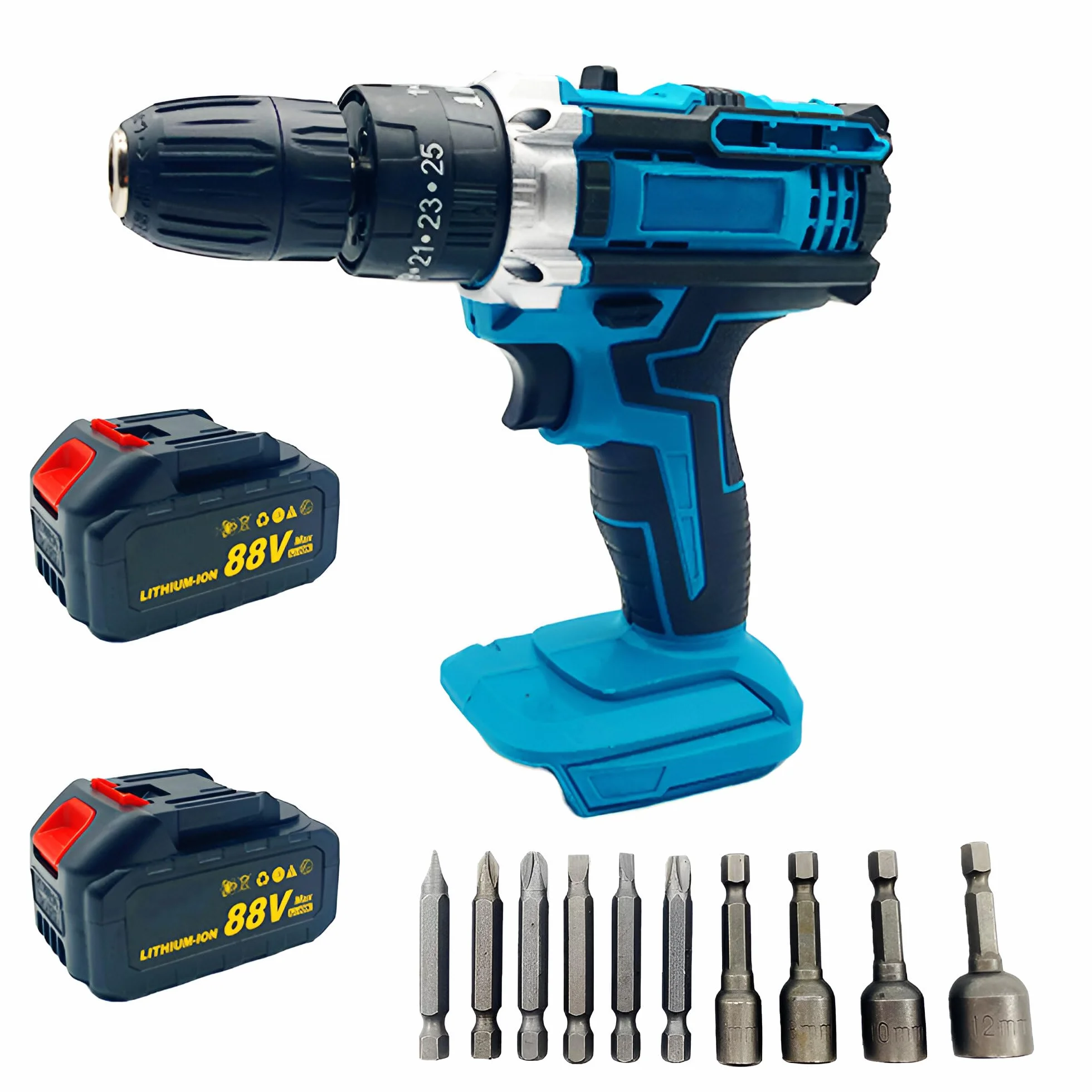 Kit Attrezzi Professionali 88V Trapano Avvitatore Smerigliatrice Angolare e Trapano a Impulsi 2 Batterie 14 Punte 3 IN 1
