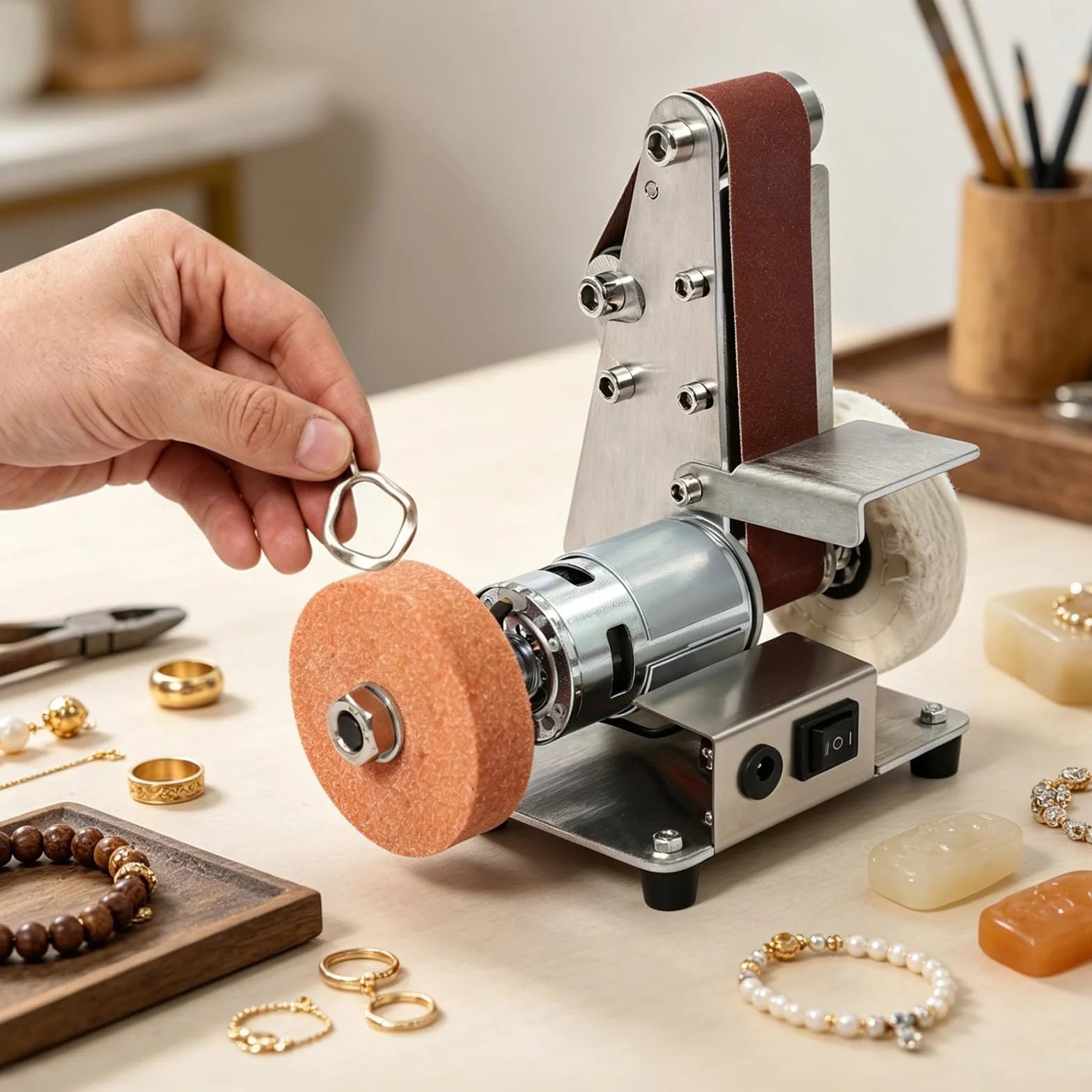 Mini levigatrice a nastro elettrica 775, 4000-9000 giri/min, regolabile, con 20 nastri abrasivi e disco lucidante per metallo e legno