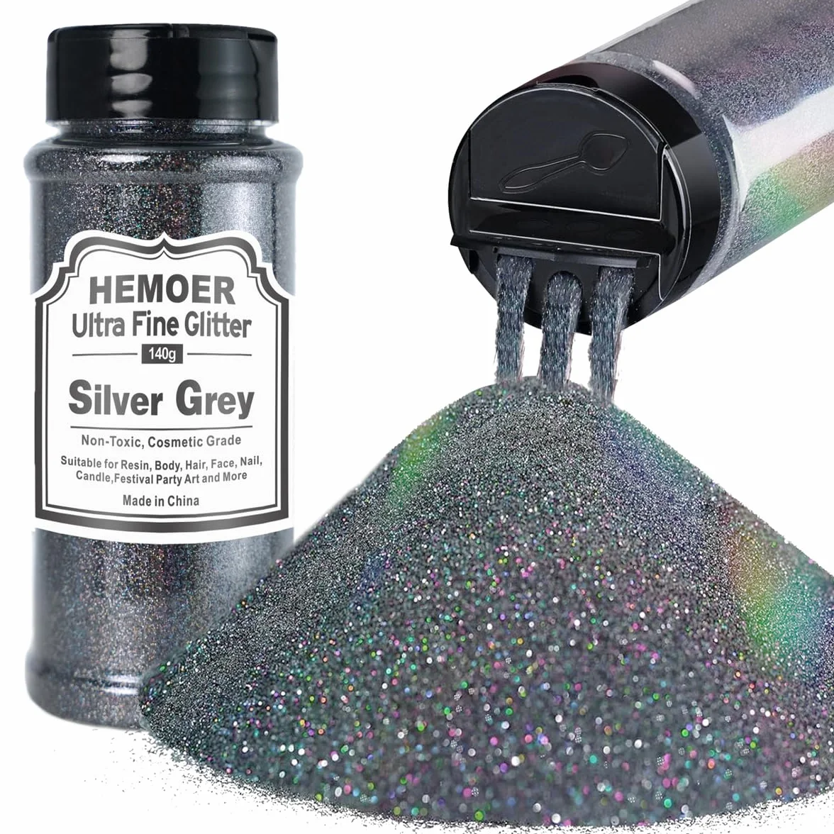 HEMOER Grigio argento Fine Glitter,140g Metallica Glitter per Decorazioni Artigianato, Resina, Epossidica Bicchieri, Candele, Glitter per Arti Pittoriche,Capelli Viso Corpo Occhi Nail Art Festival