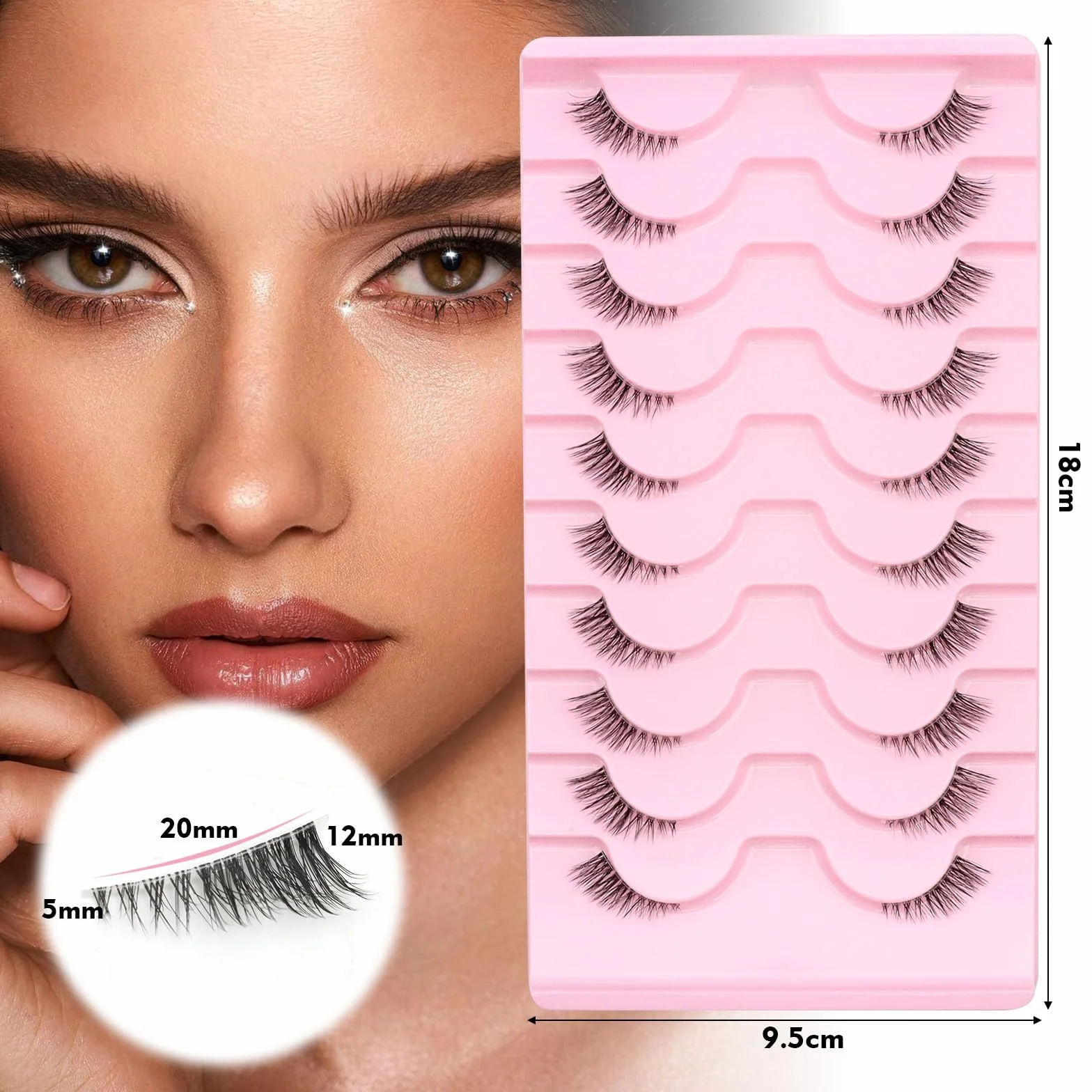 VEGCOO 10 Paia Mezze Ciglia Finte Naturali, Ciglia Occhio di Gatto Fake Half Eyelashes Riutilizzabile, 3D Cancella Banda Trasparente Corner Lashes (HN-Stelo trasparente)