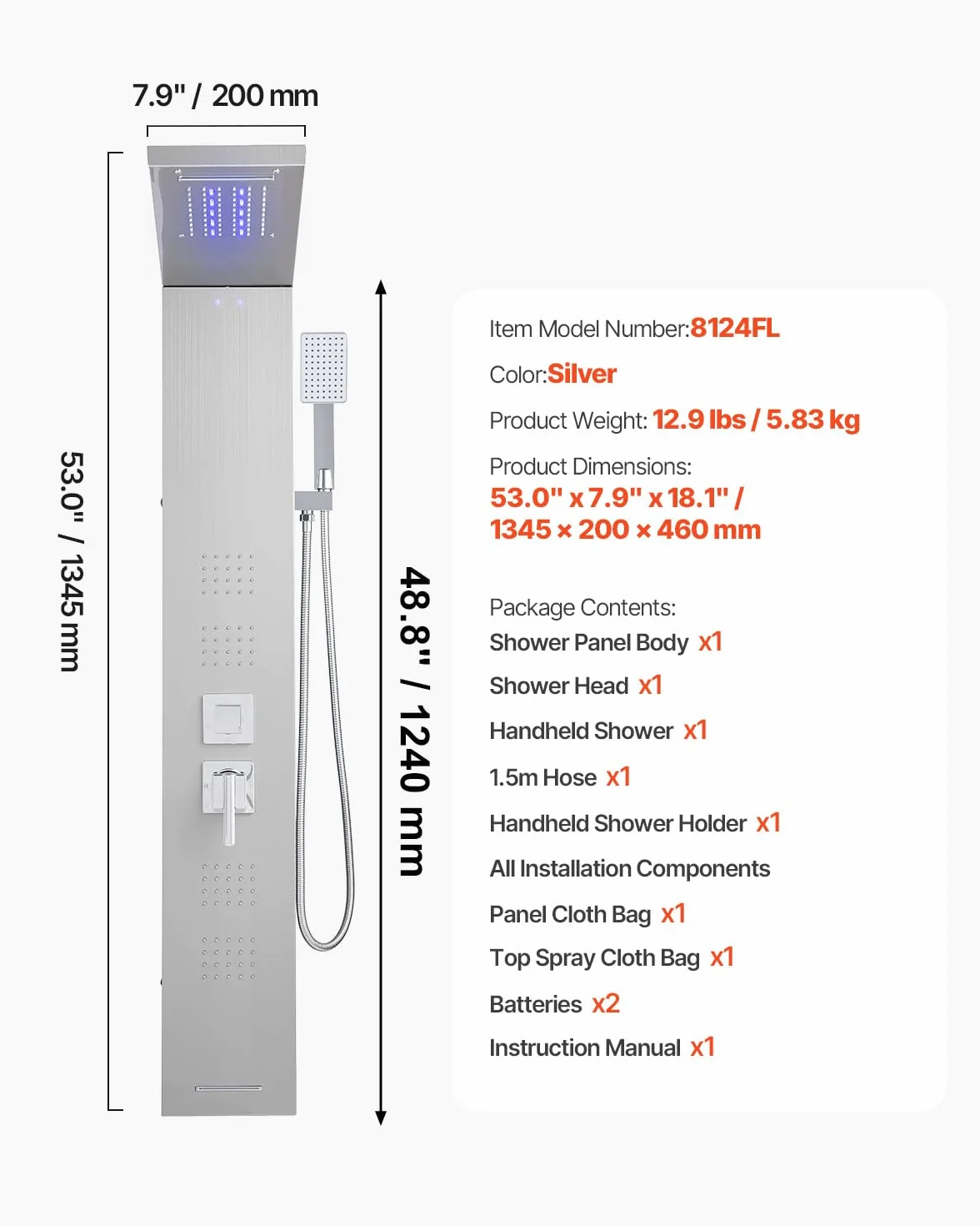 VEVOR Pannello Doccia a Torre con Soffione a Cascata LED, Colonna Doccia in Acciaio Inox Spazzolato 1345 mm, Rubinetto 5 Funzioni con Doccetta e Beccuccio per Vasca