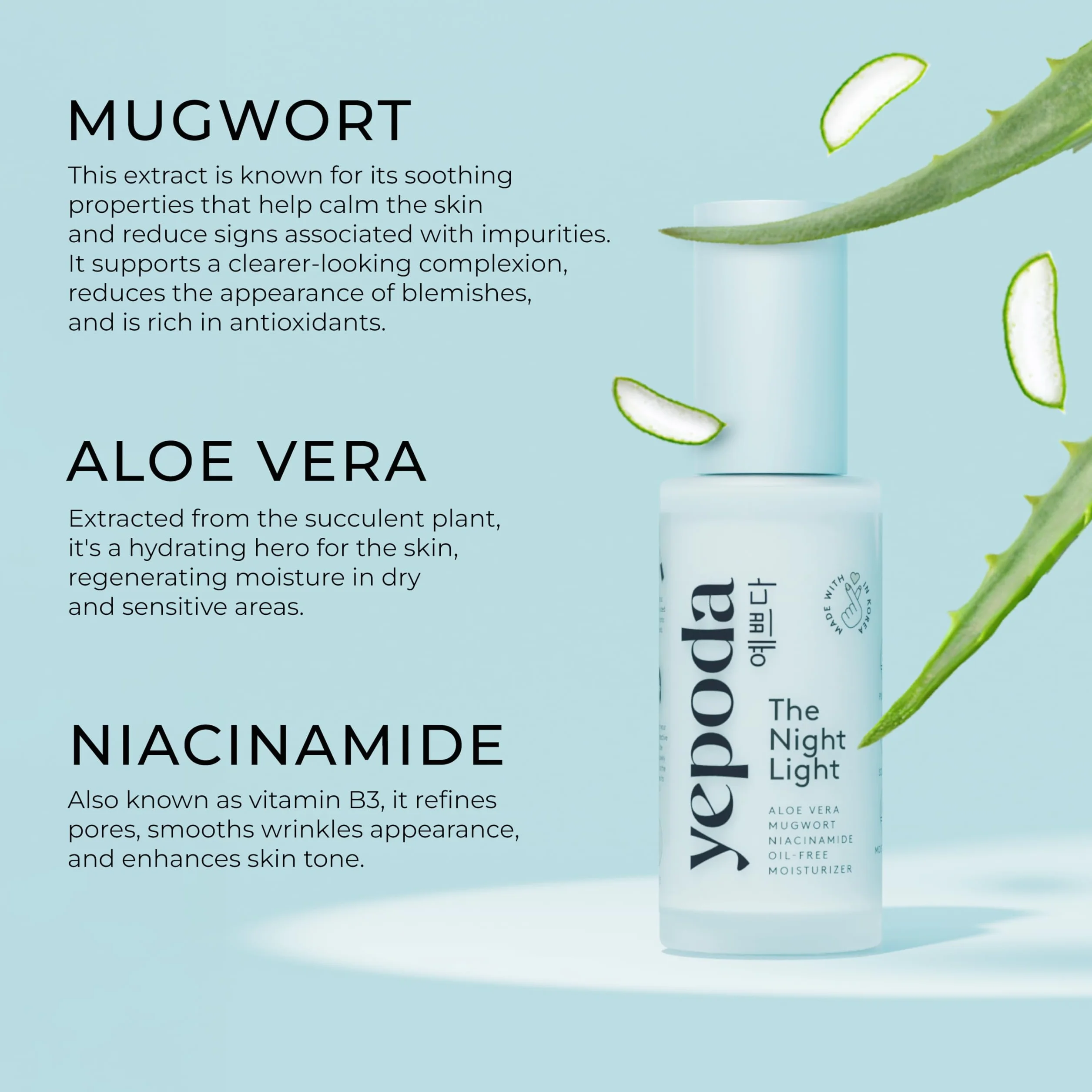 Yepoda The Night Light, Crema Notte Idratante Purificante e Lenitiva Senza Oli con Aloe Vera, Artemisia e Niacinamide, Crema Viso Vegana Coreana Per Tutti i Tipi di Pelle, 50 ml