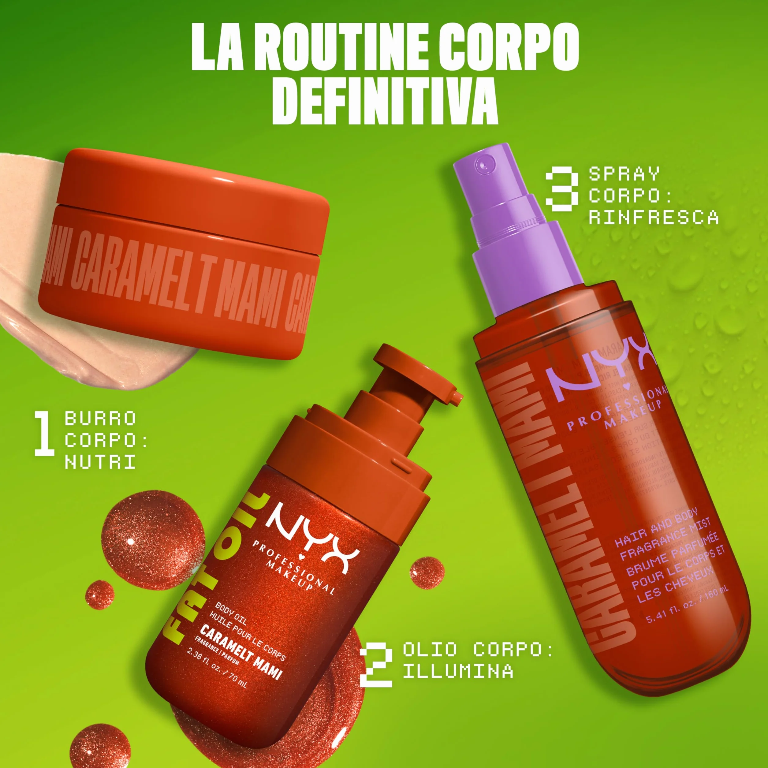 NYX Professional Makeup Fat Oil Body Mist Spray Corpo e Capelli, Fragranza Intensa, Effetto Avvolgente, Al profumo di Caramello e Pistacchio, Caramelt Mami,80 ml