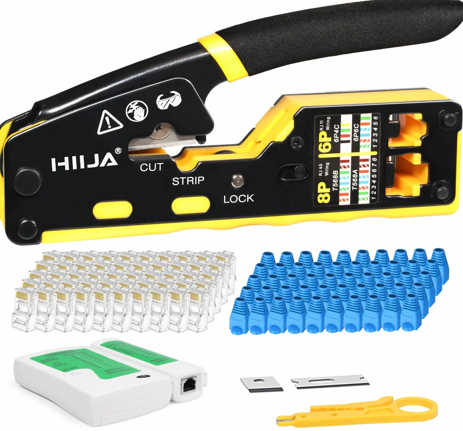 Pinza Crimpatrice RJ45 Passante per Connettori Ethernet Cat6 Cat5 Cat5e con Tester Cavi di Rete 50 Connettori RJ45 50 Coperture RJ45