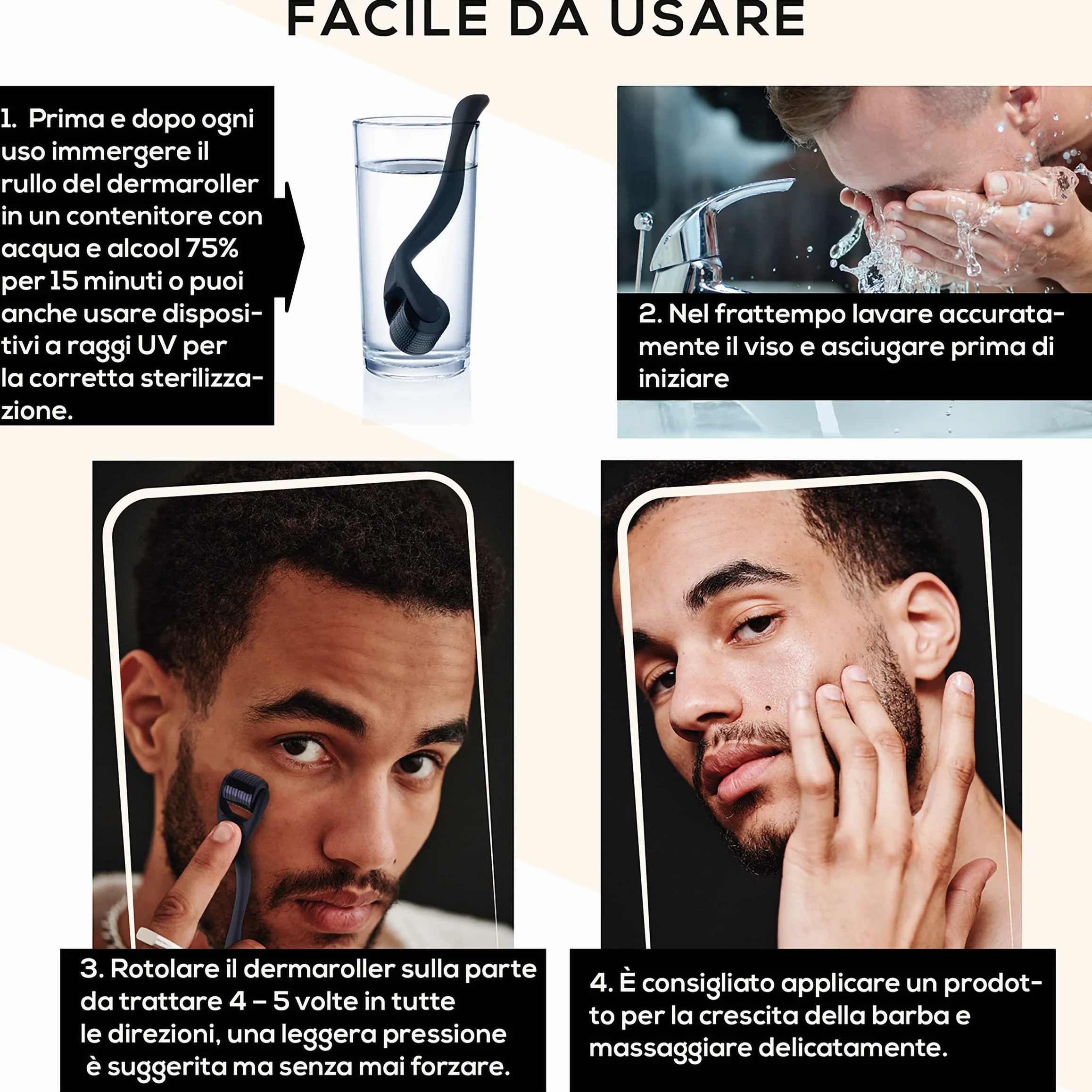 Dermaroller Crescita Barba E Capelli Da 0.5 Mm - Rullo Con Aghi In Titanio E Guida Ebook Dettagliata In Italiano - Trattamento Efficace Anche Per Cicatrici Smagliature Acne