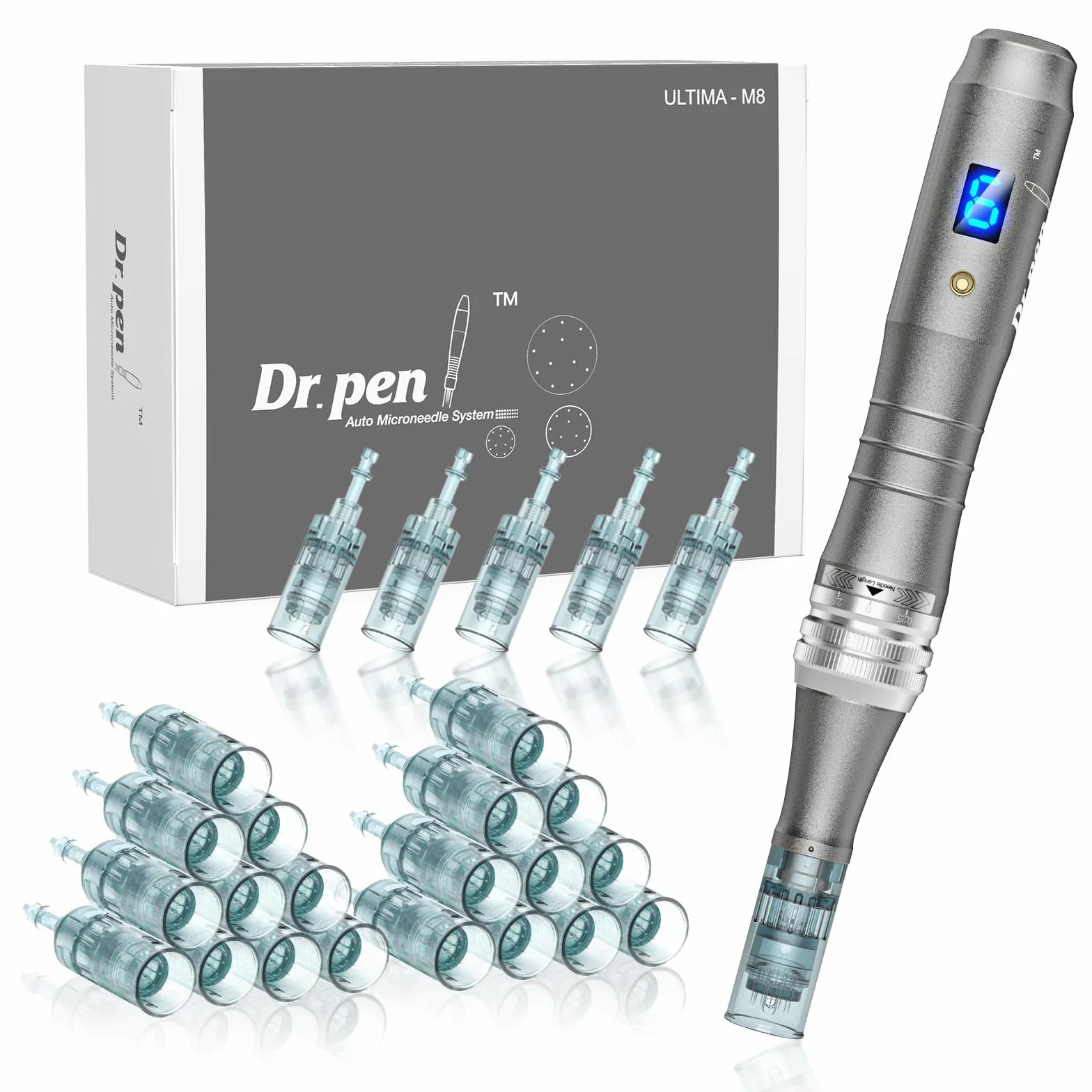 Dr. Pen M8S Microneedling Pen Professionale Wireless, Dermapen Elettrico Senza Fili con 25 Cartucce Aghi Originali, 6 Velocità Regolabili e Display LED, Trattamento Pelle Viso, Capelli e Corpo
