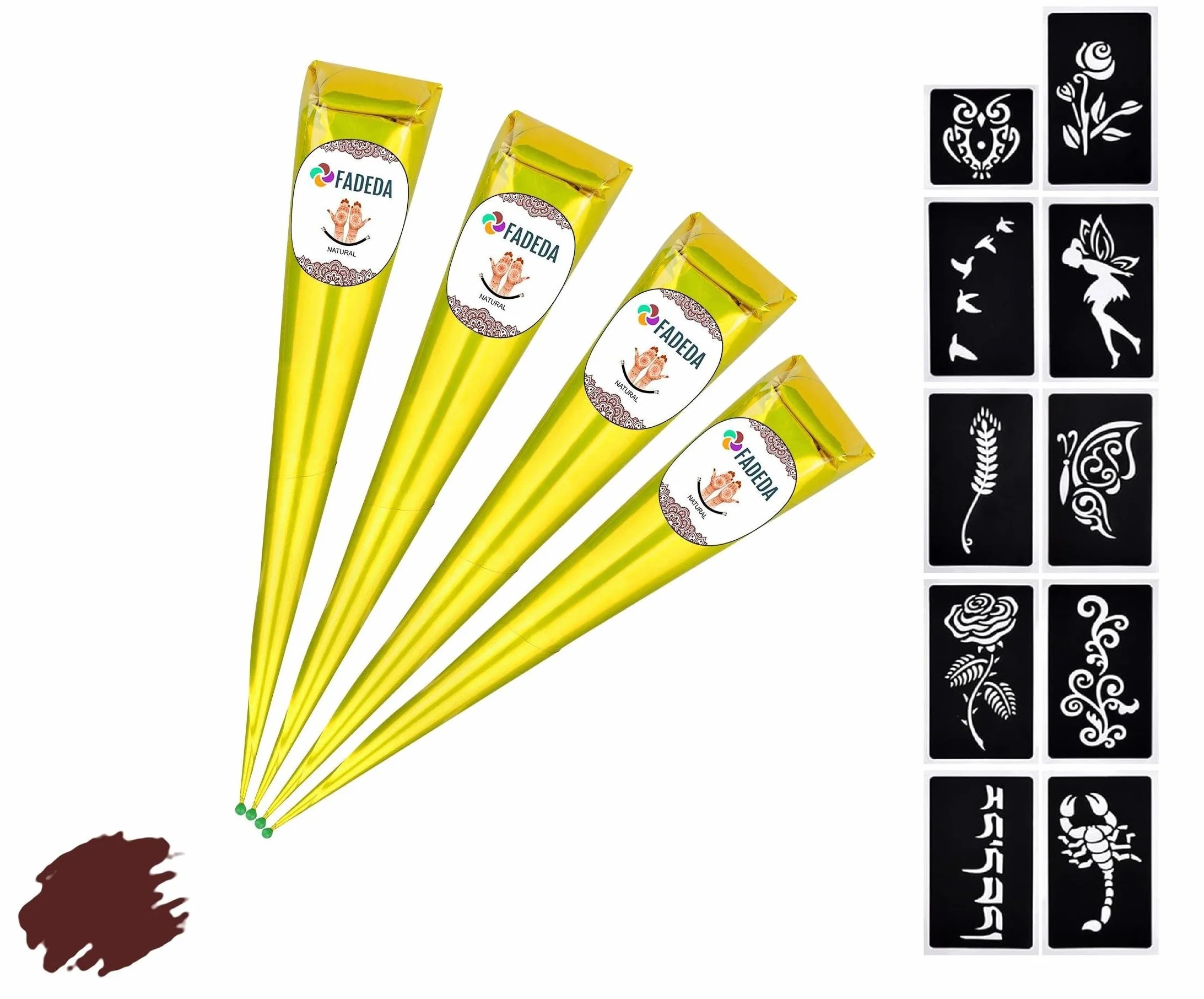 4 coni di henné FADEDA | 4 x 25 g pasta naturale | marrone naturale | 10 diversi stencil per adesivi | 100% vegetale | pronto all'uso e senza PPD