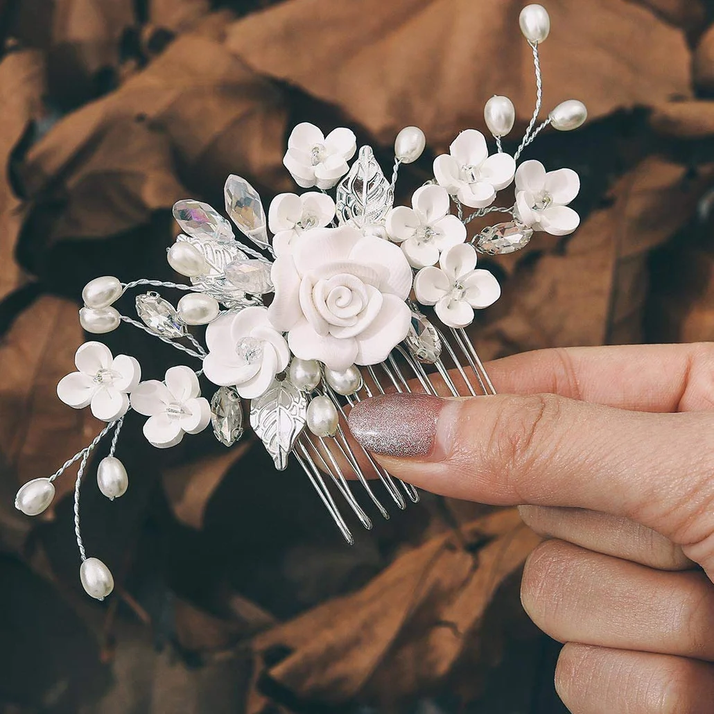 Pettinino per capelli da sposa, colore argento, con fiori, diamanti sintetici e cristalli, per donne e ragazze