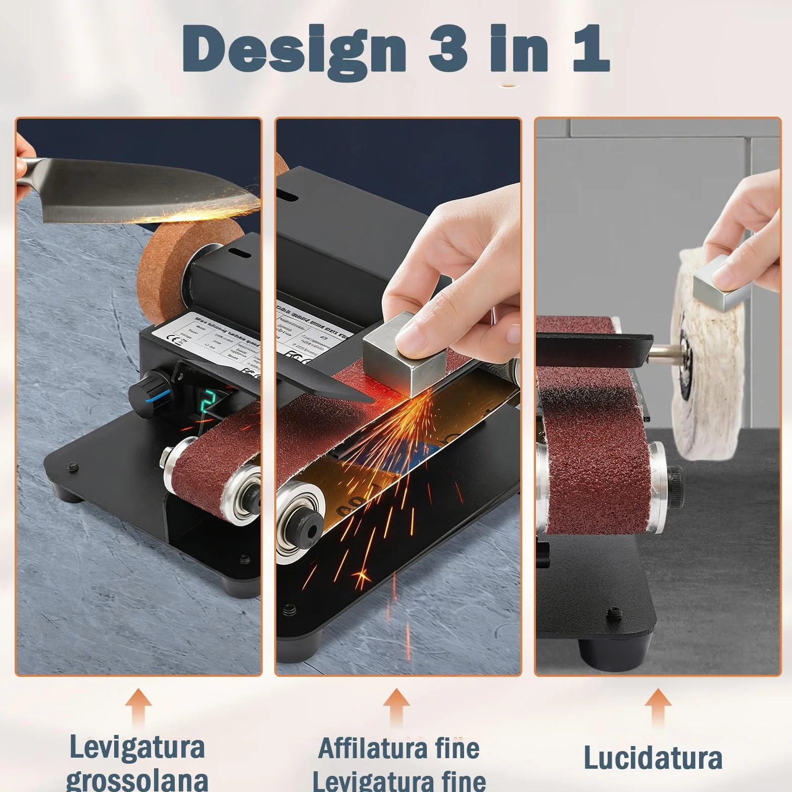 Mini levigatrice a nastro elettrica 350 W 0-10000 giri/min professionale da tavolo 7 livelli con nastri abrasivi
