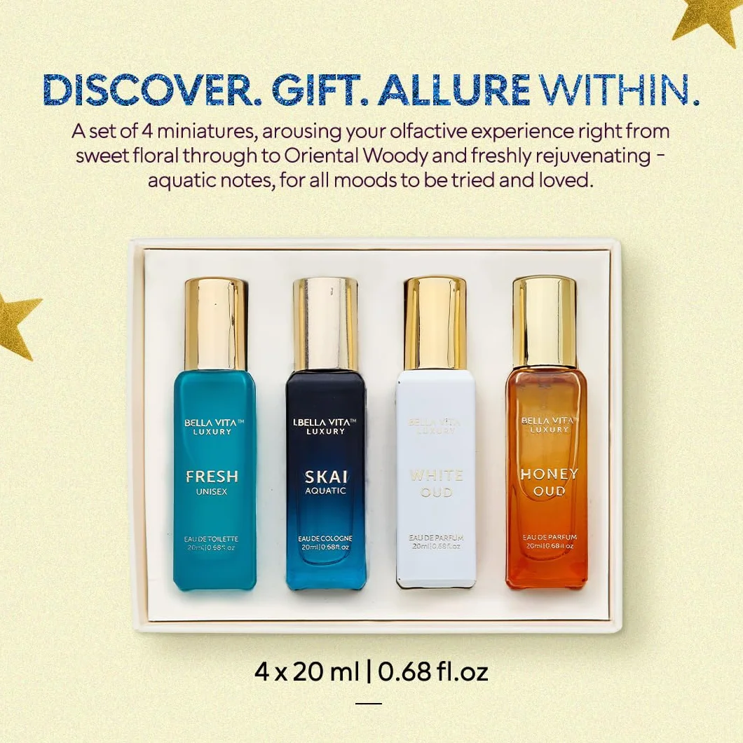 BellaVita Luxury Perfume for Women Cologne Gift Set (4x20ml) | Vanilla Perfumes- Fresh, SKAI, White OUD, Honey OUD | Pheromone Perfume for Women Gift with Perfume Atomiser | Arabian Perfume for Women