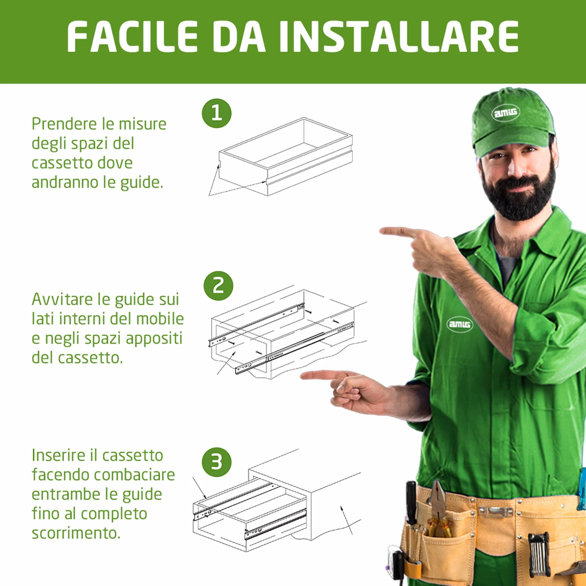 Amig Set di 2 guide scorrevoli Mod.40 in acciaio zincato 25 kg/coppia con chiusura automatica