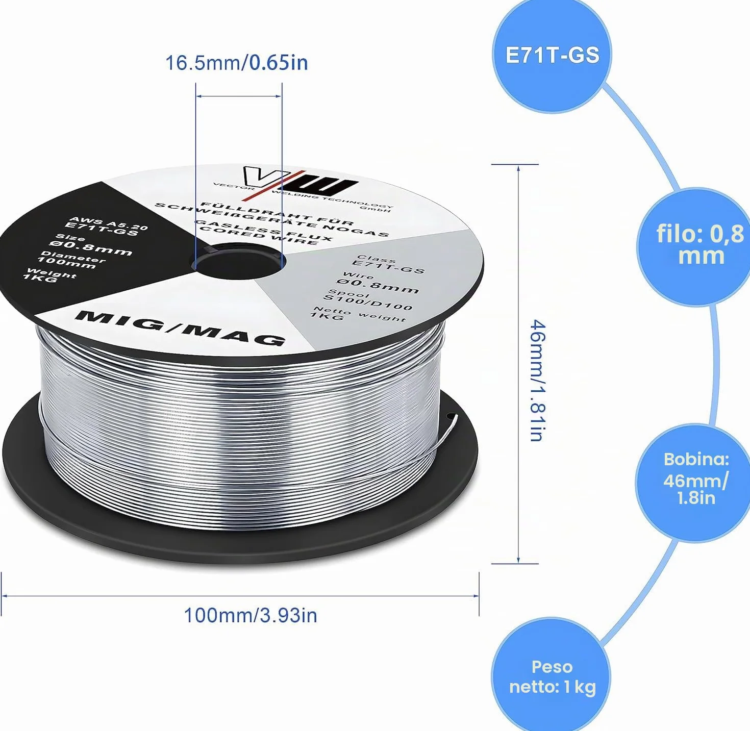 VECTOR WELDING Filo Animato E71T-GS 0,8mm 3KG Bobina MIG MAG D100 Saldatura Universale