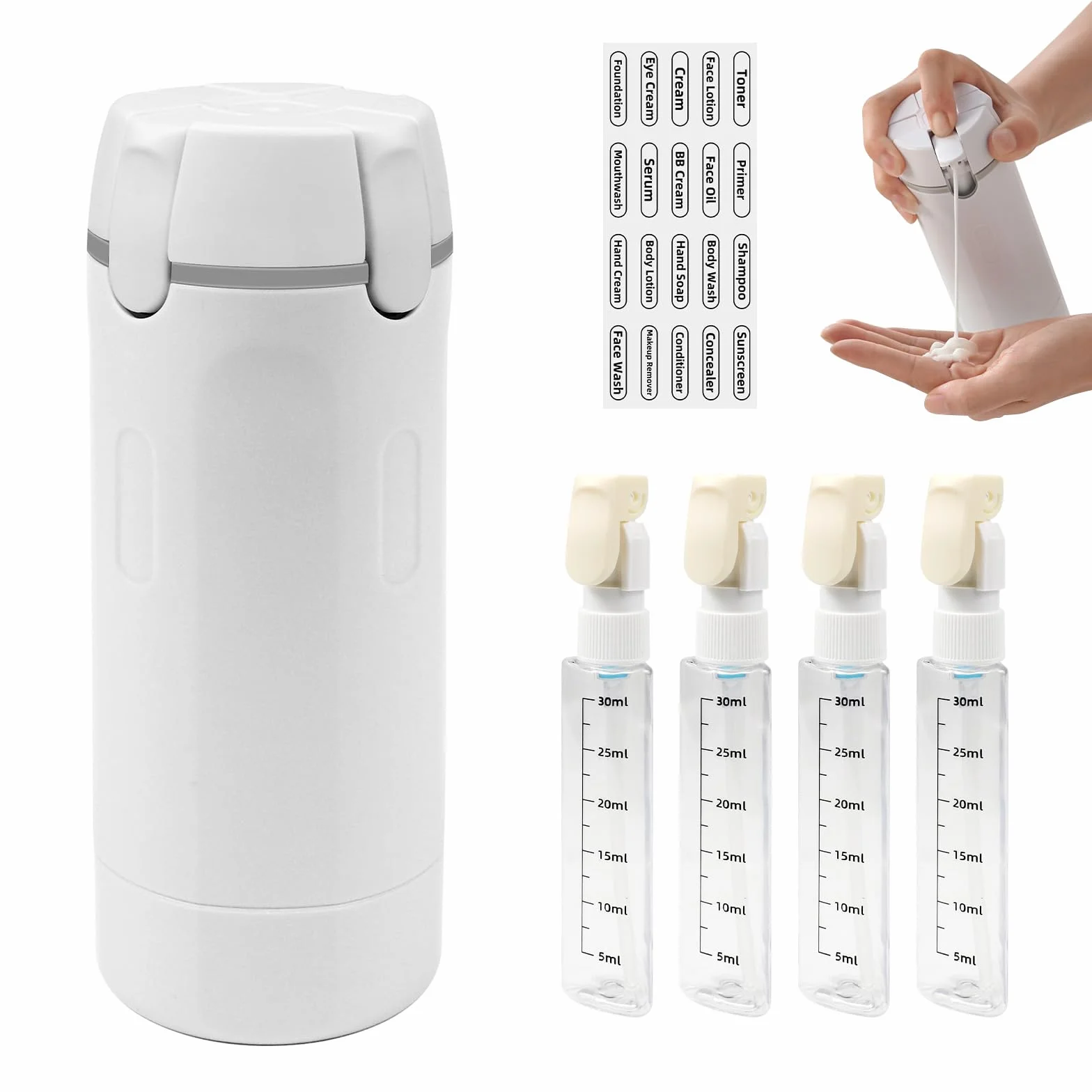 4 in 1 Bottiglie da Viaggio, Set Contenitori da Viaggio con Etichette, Bottiglie Ricaricabili per Shampoo, Balsamo, Lozione e Crema, Flaconi Portatili Antiperdita, Kit Viaggio Aereo Bagaglio a Mano