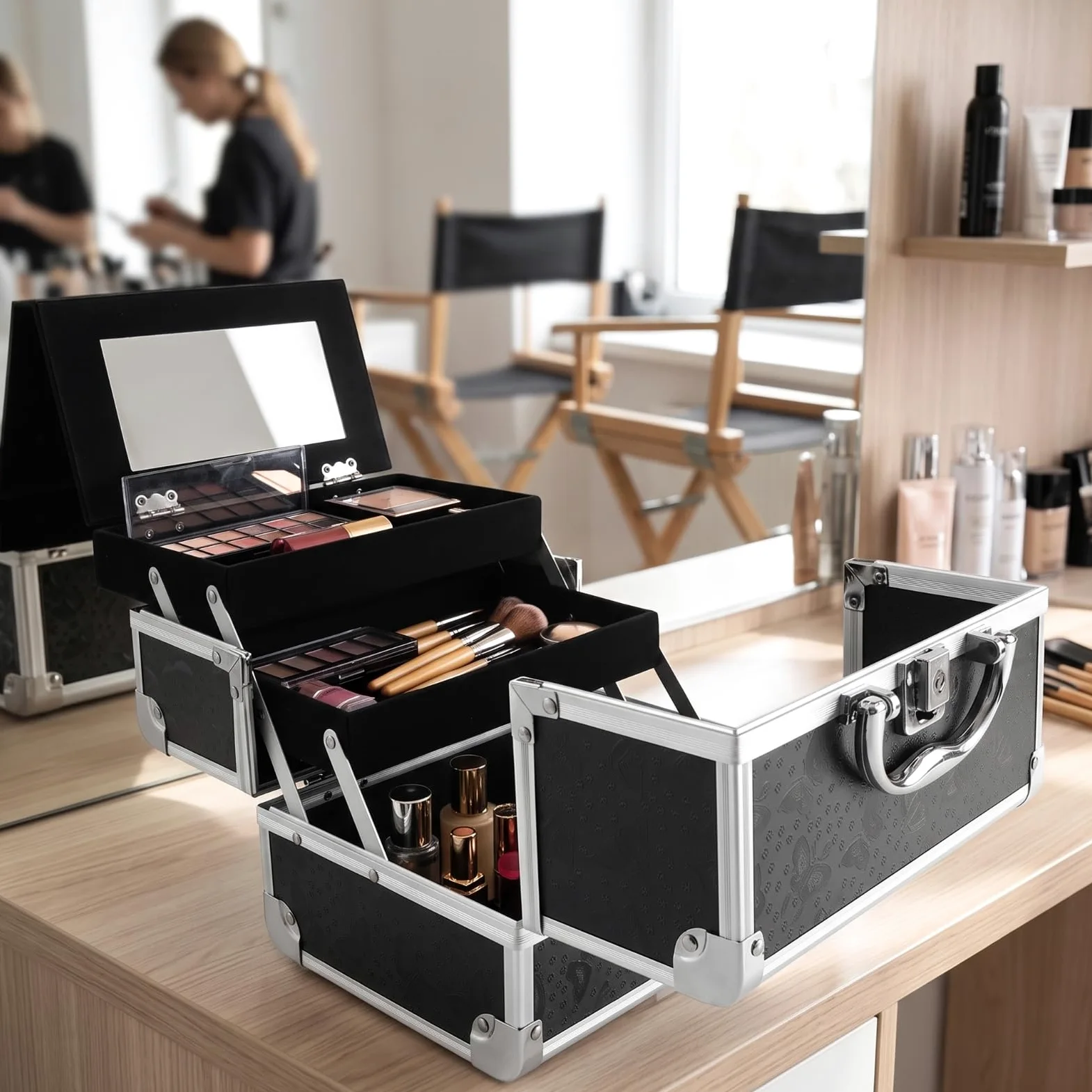Beauty Case con Specchio Portatile Valigia Porta Trucchi con Specchio Rigida Valigetta Trucco per Truccatori, Studenti di Estetica, Casa, style to 3, Array, Rosa Farfalla