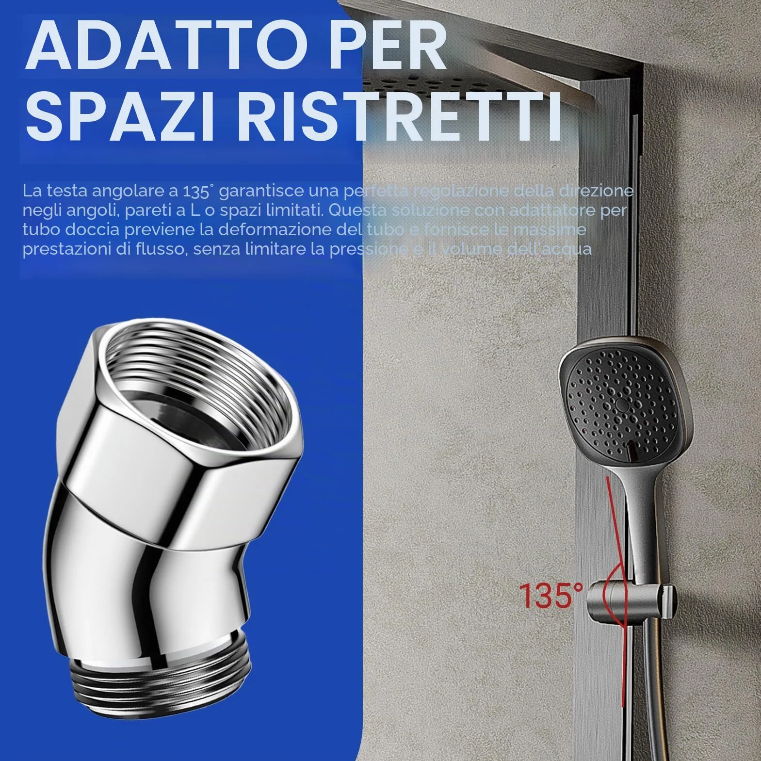 Adattatore Doccia 135° Connettore Angolare per Soffione in Rame con Guarnizione