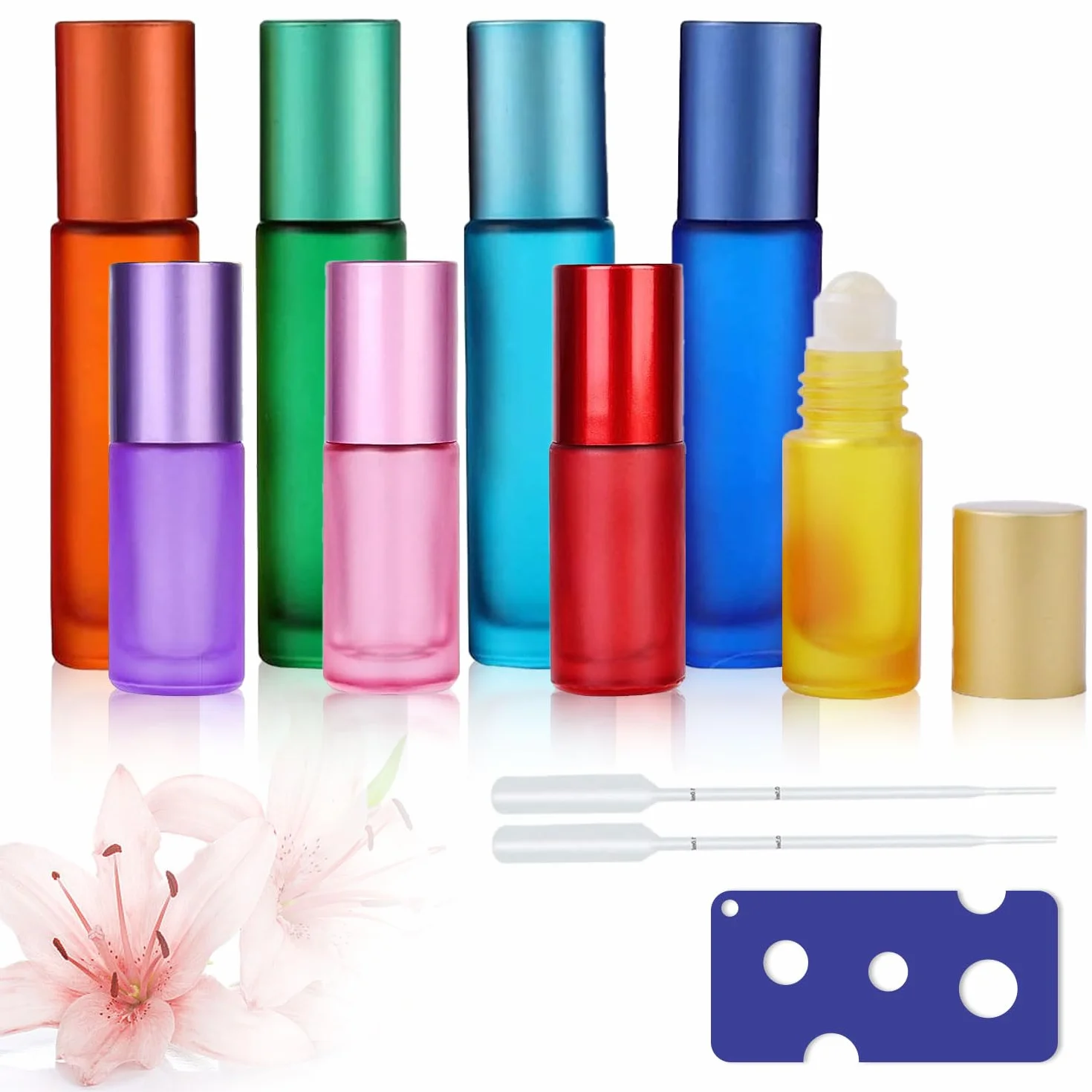 8 bottiglie di vetro Roll on per olio essenziale, riempibili, con pipetta, 10 ml, 5 ml, colori vari, per profumi, massaggi