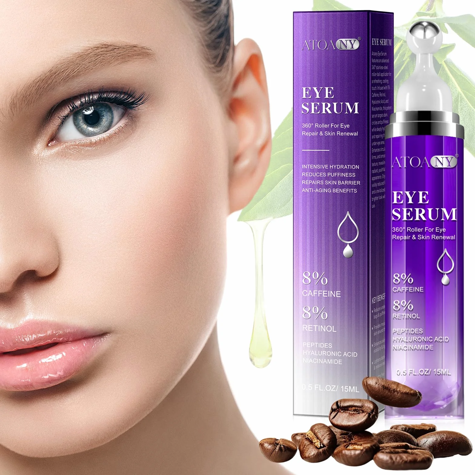 15ml Siero per Contorno Occhi con 8% di Caffeina, Per Occhiaie e Borse, Rughe e Linee Sottili, Anti-rughe, Anti-tasche e Correttore, Acido ialuronico puro e caffeina per Donne e Uomini (1pc)