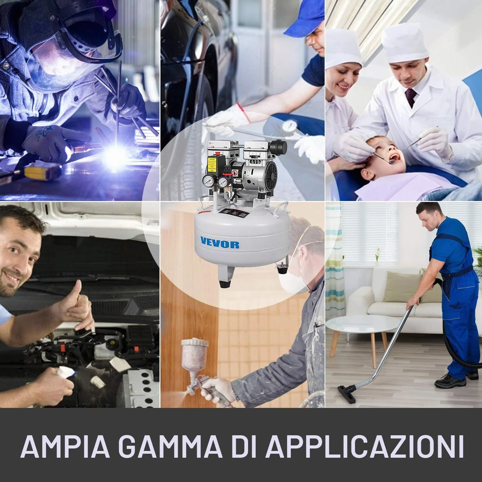 VEVOR Compressore d'Aria Senza Olio Ultra Silenzioso 6,6 Galloni 850 W 48 dB Portatile