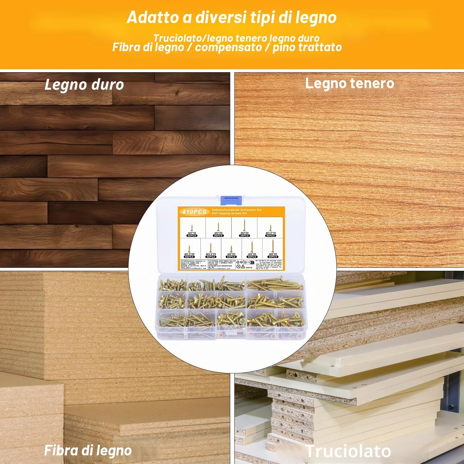 Set di viti autoperforanti M3 M3,5 M4, viti per legno testa piana, assortimento universale, viti a brugola filettatura completa