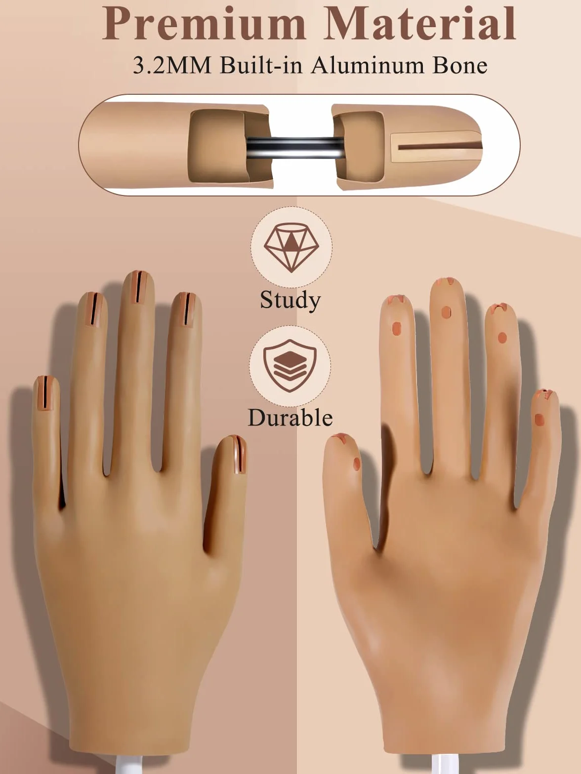 Mano Finta per Ricostruzione Unghie: Silicone Mano Pratica Con 200 Pezzi Tip Unghie Finte - Professionale Flessibili Regolabili Mano Finta per Unghie (Marrone)
