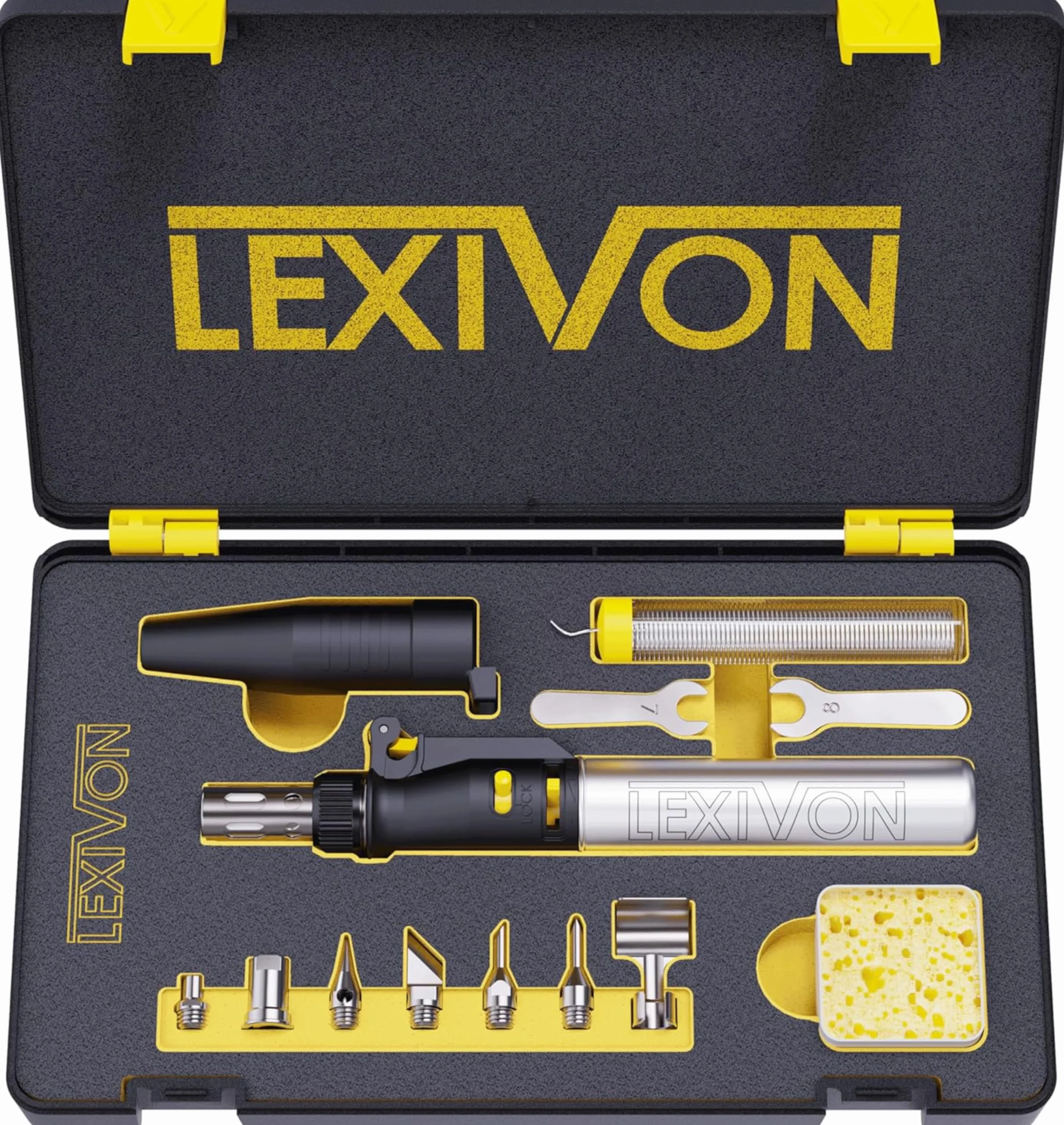 LEXIVON Saldatore a Butano Set di 7 Punte Senza Fili Autoaccensione Fiamma Regolabile Portatile LX-770