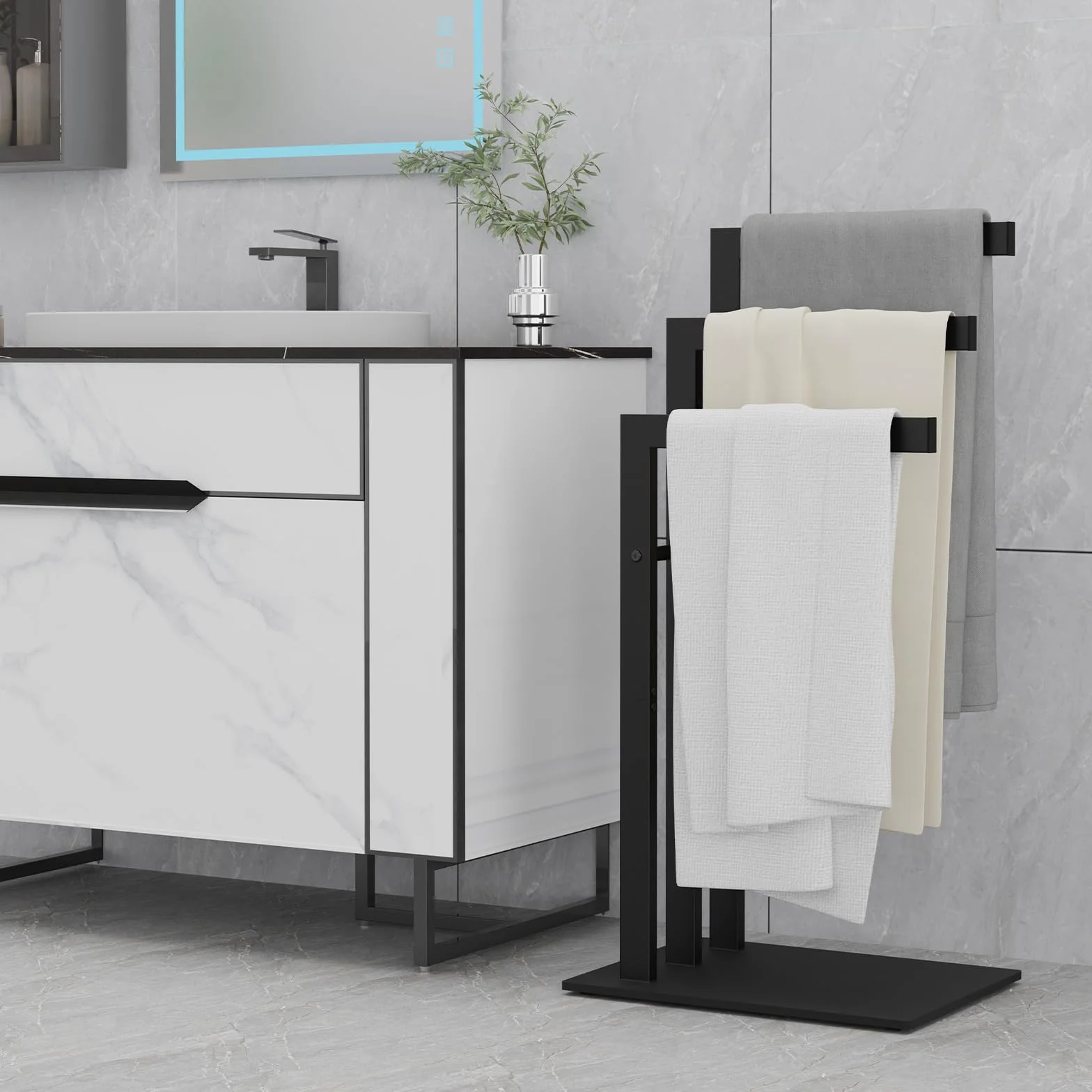 OUTBROS Porta Asciugamani Bagno da Terra in Acciaio Inox 3 Bracci 40x30x80cm Nero