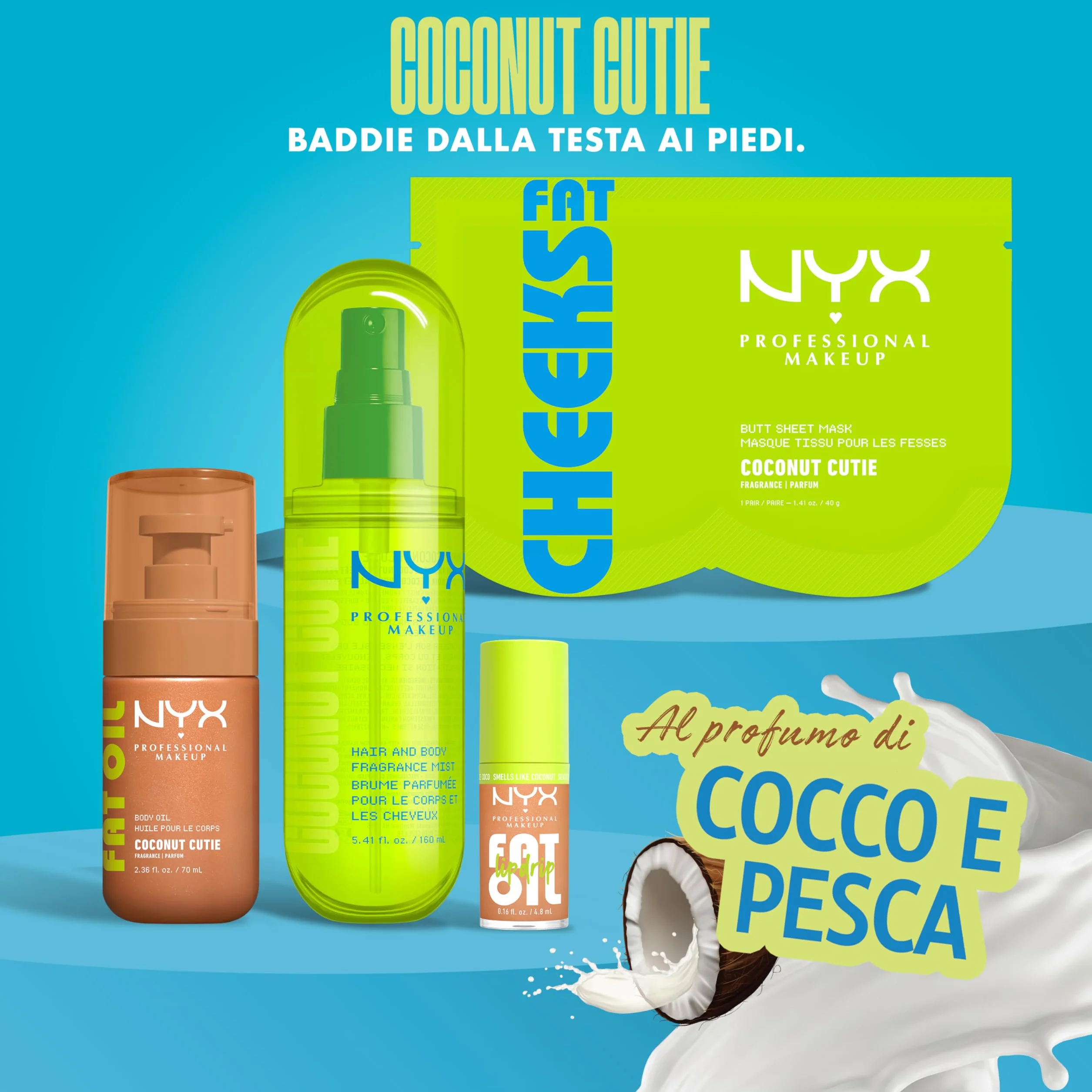 NYX Professional Makeup Fat Oil Body Mist Spray Corpo e Capelli, Fragranza Dolce, Effetto Delicato, Note di Cocco e Pesca, Coconut Cutie, 80 ml