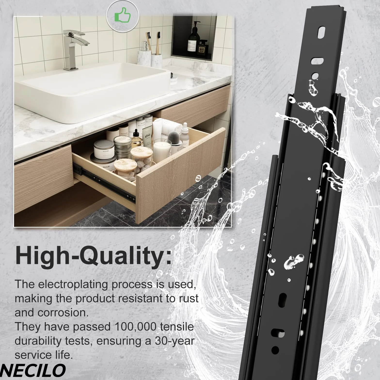 NECILO guide cassetti 200mm 45kg estrazione totale cuscinetti sfera nero 1 coppia