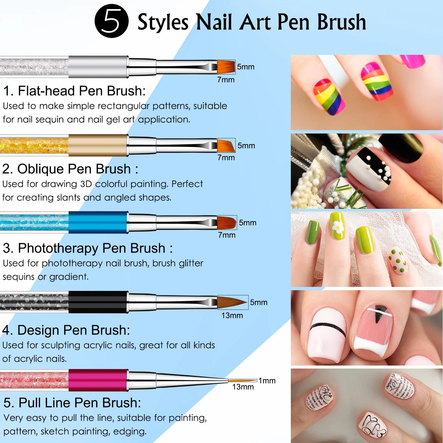 Pennelli Unghie Gel Professionali Nail Art Pennelli con Manico Strass Strumenti per Nail Pittura Disegno del Chiodo fai da 5 Pezzi