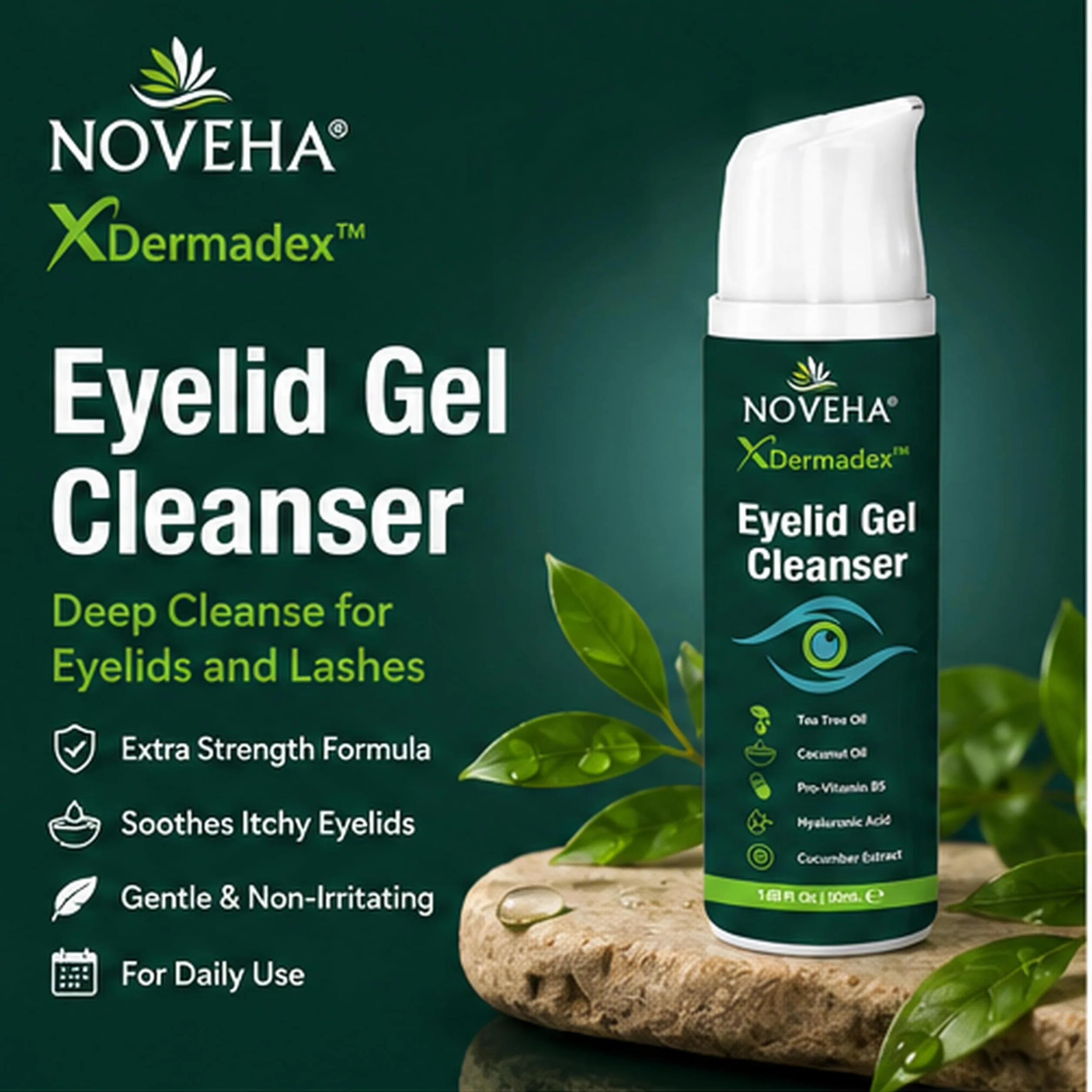 NOVEHA Demodex Gel Detergente Extra Forte per Palpebre - per Demodex, Mgd e Occhio Secco Con Pro-Vitamina B5, Olio di Tea Tree e Acido Ialuronico - Pulizia Morbida, Allevia Il Prurito Della Palpebra -