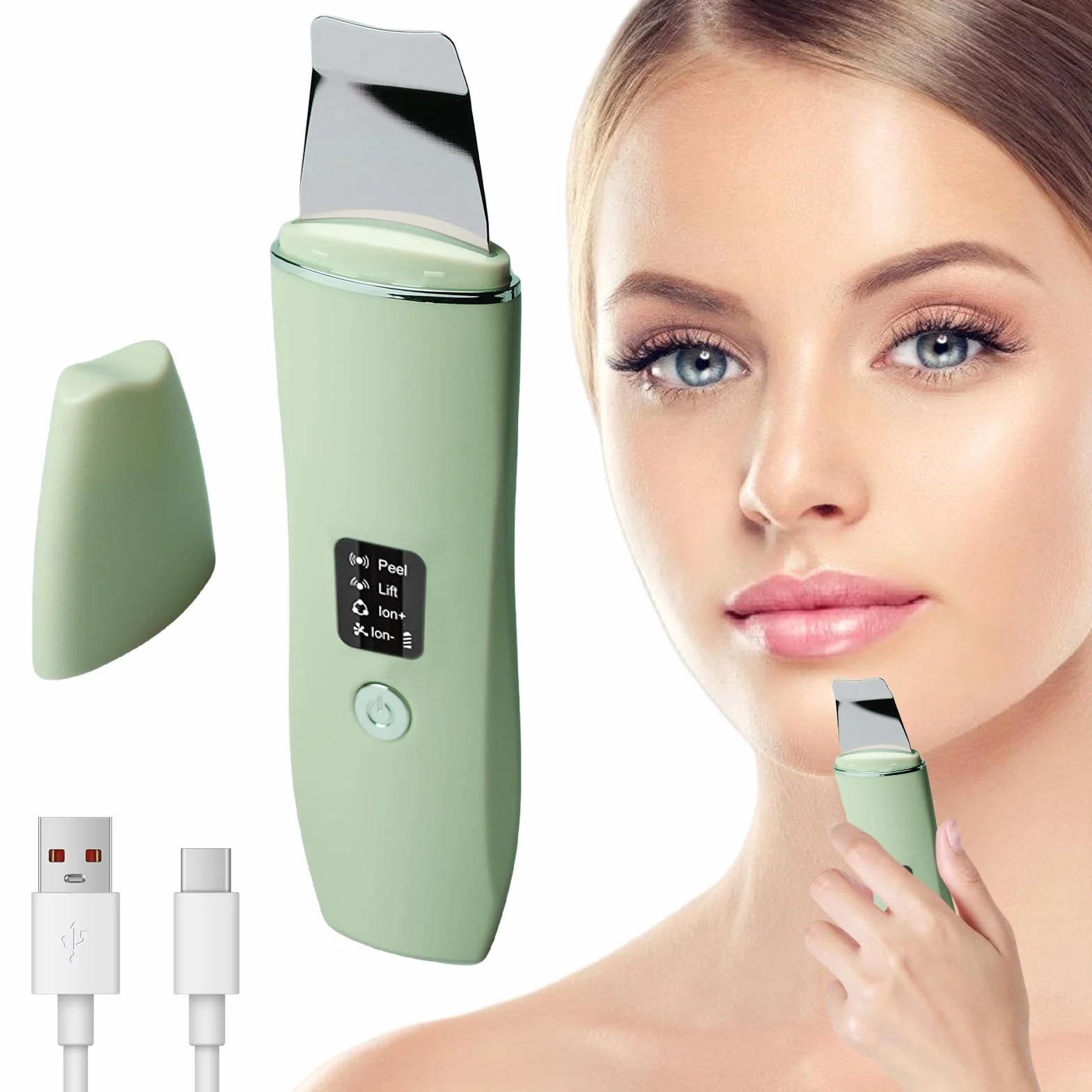 Skin Scrubber - Dispositivo esfoliante ad ultrasuoni, Face Skin Spatula, ricarica TypeC, detergente per pori (verde)