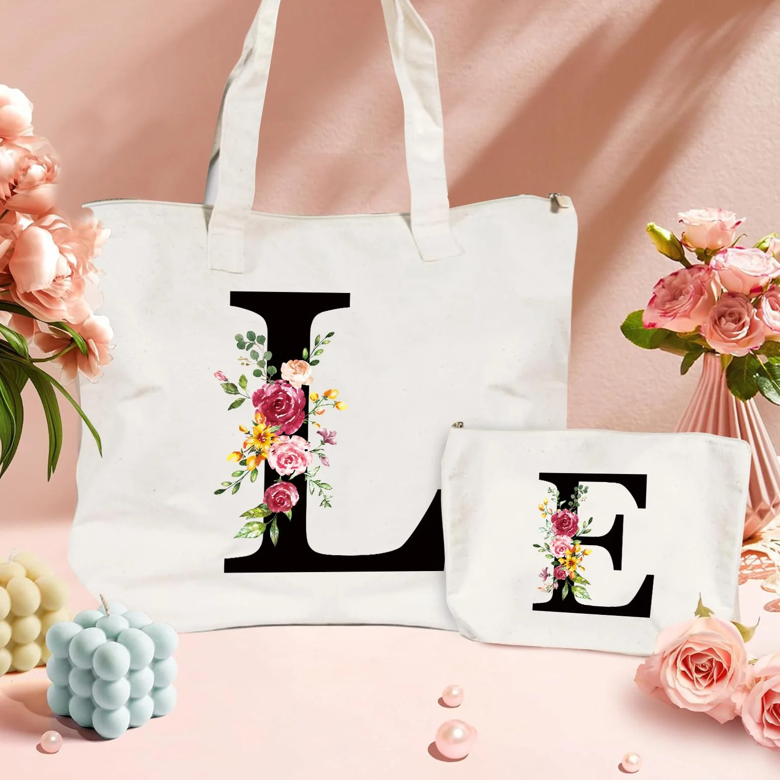 Borsa per il trasporto e trousse con iniziale, borsa per la spesa in tela con cerniera, personalizzata, in cotone, regalo per fidanzata, moglie, mamma, sorella, compleanno, matrimonio, festa della